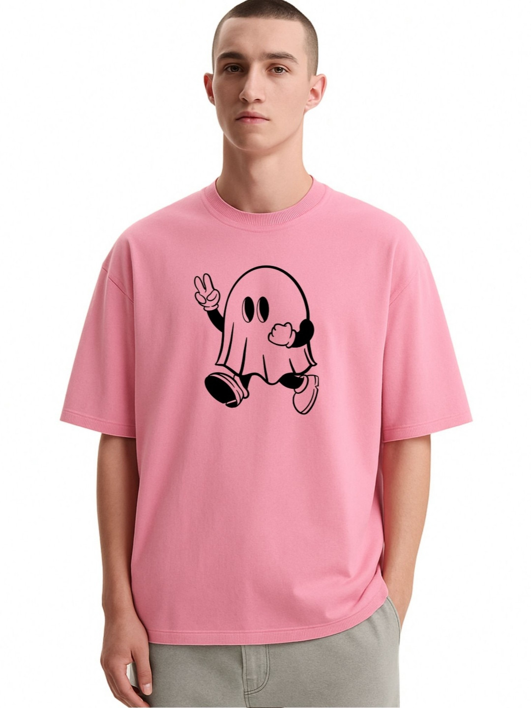 Fashnobic Men Dri-FIT Trendy Smallghost Printed Round Neck Cotton Oversized T-shirt