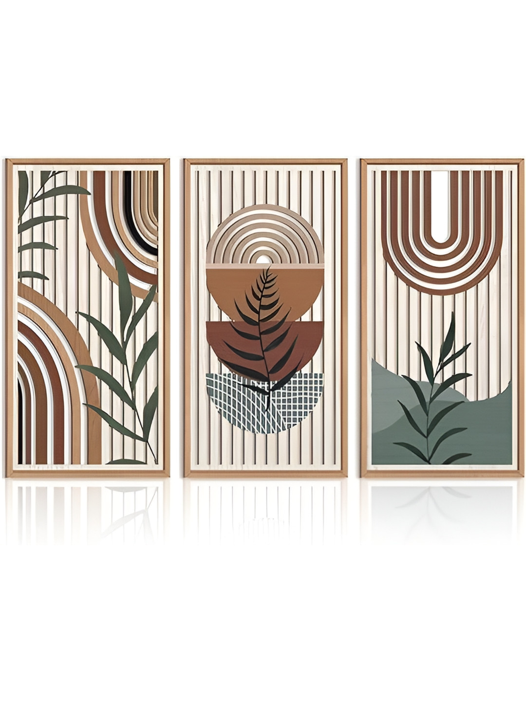 MustHome Beige & Green 3 Pieces Leaf Wooden Hanging Wall Art