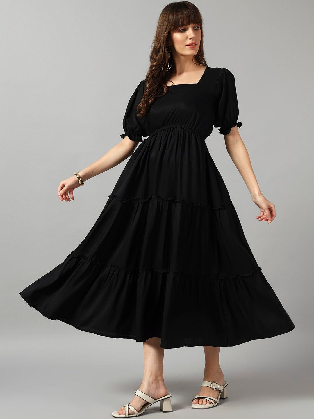 Jash Creation Square Neck Puff Sleeve A-Line Midi Dress