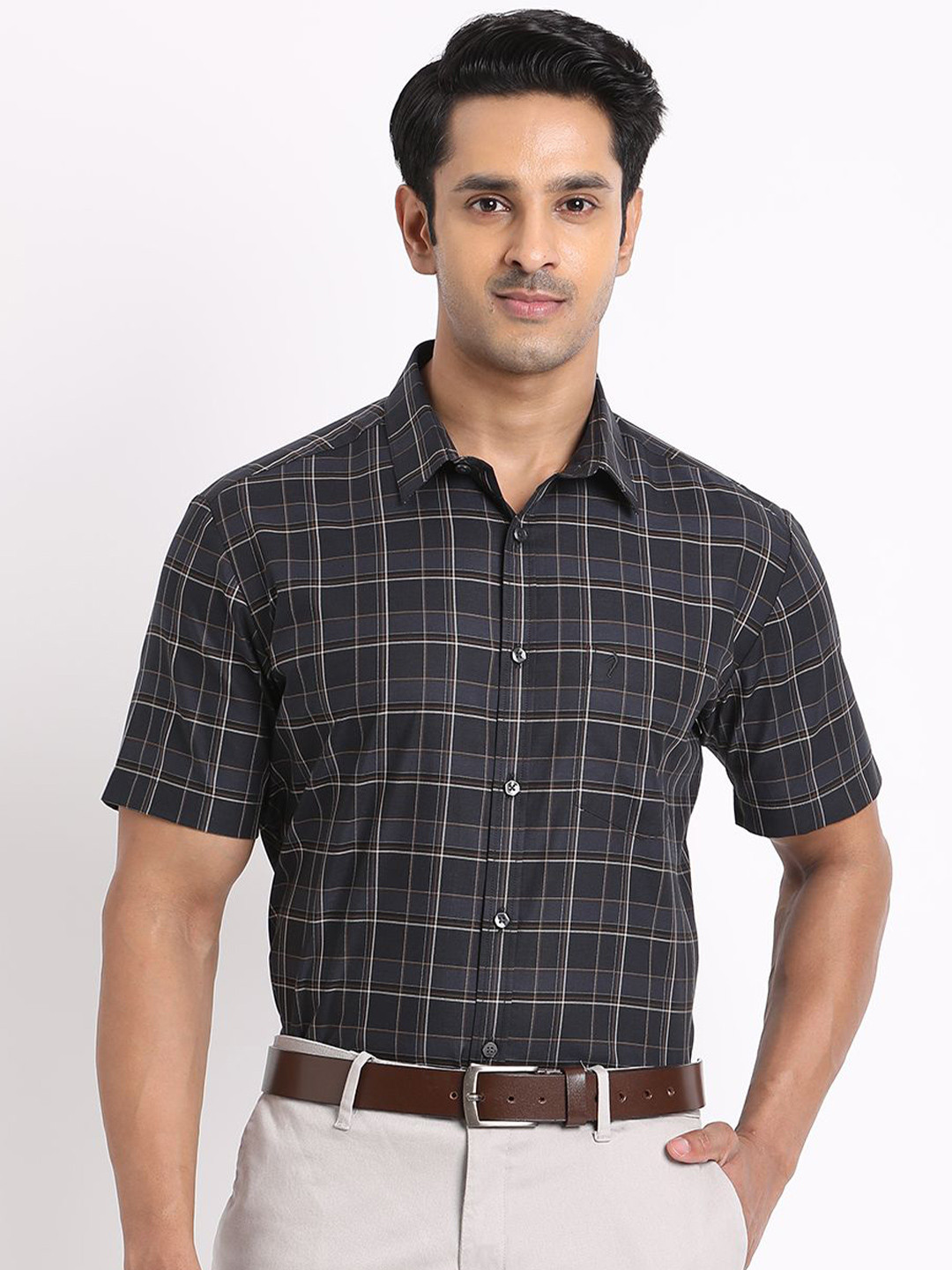 Indian Terrain Plus Size Classic Slim Fit Checked Spread Collar Cotton Casual Shirt