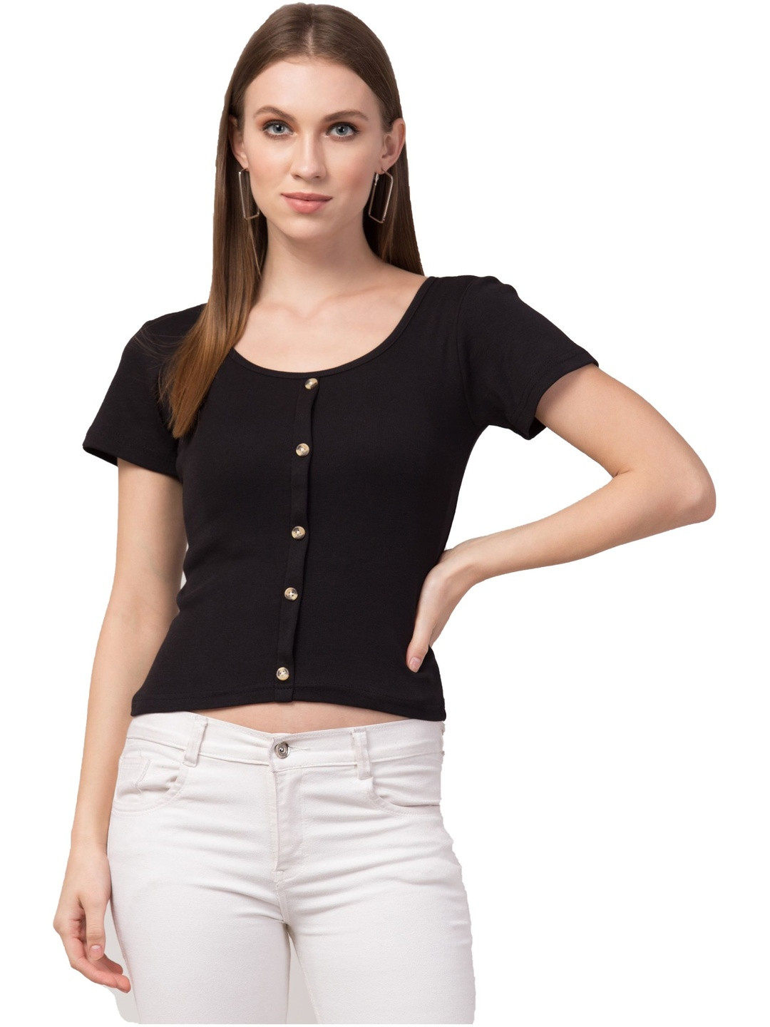 ANBICH DESIGNS Black Ribbed Scoop Neck Crop Top