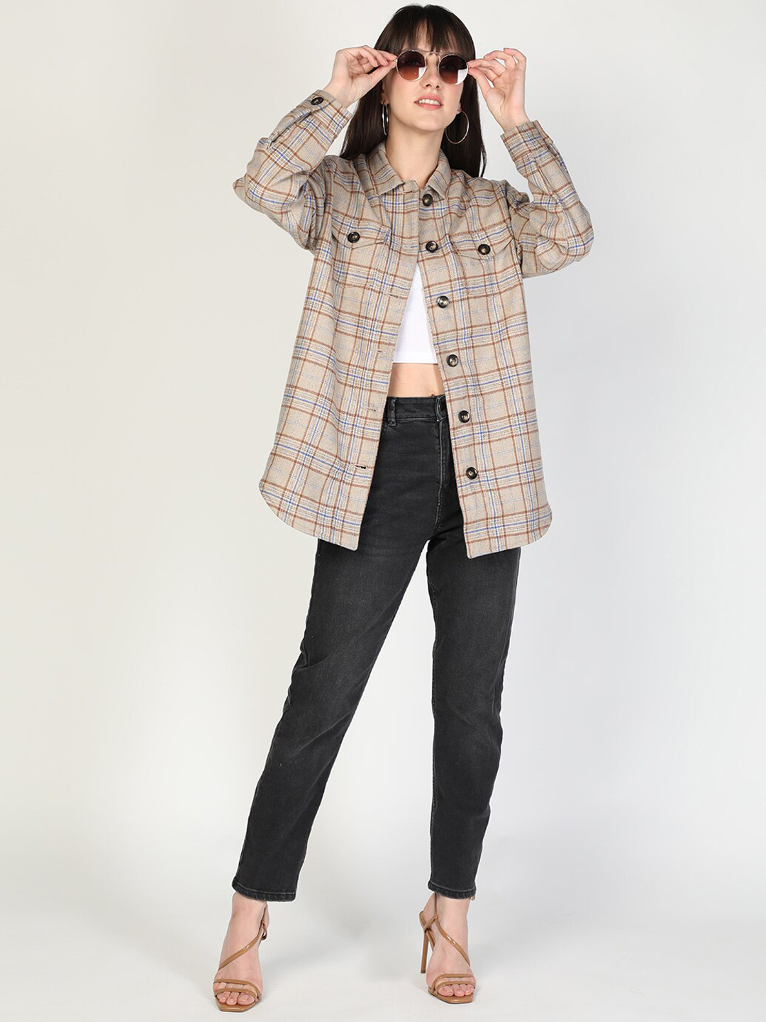 HONNETE Women Beige & Brown Checked Acrylic Longline Shackets
