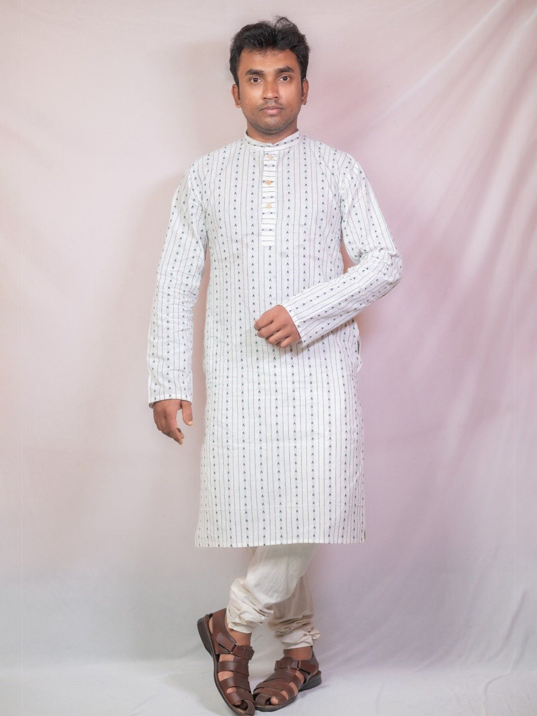 MONIGANGA COLLECTION Striped Printed Mandarin Collar Cotton Kurta
