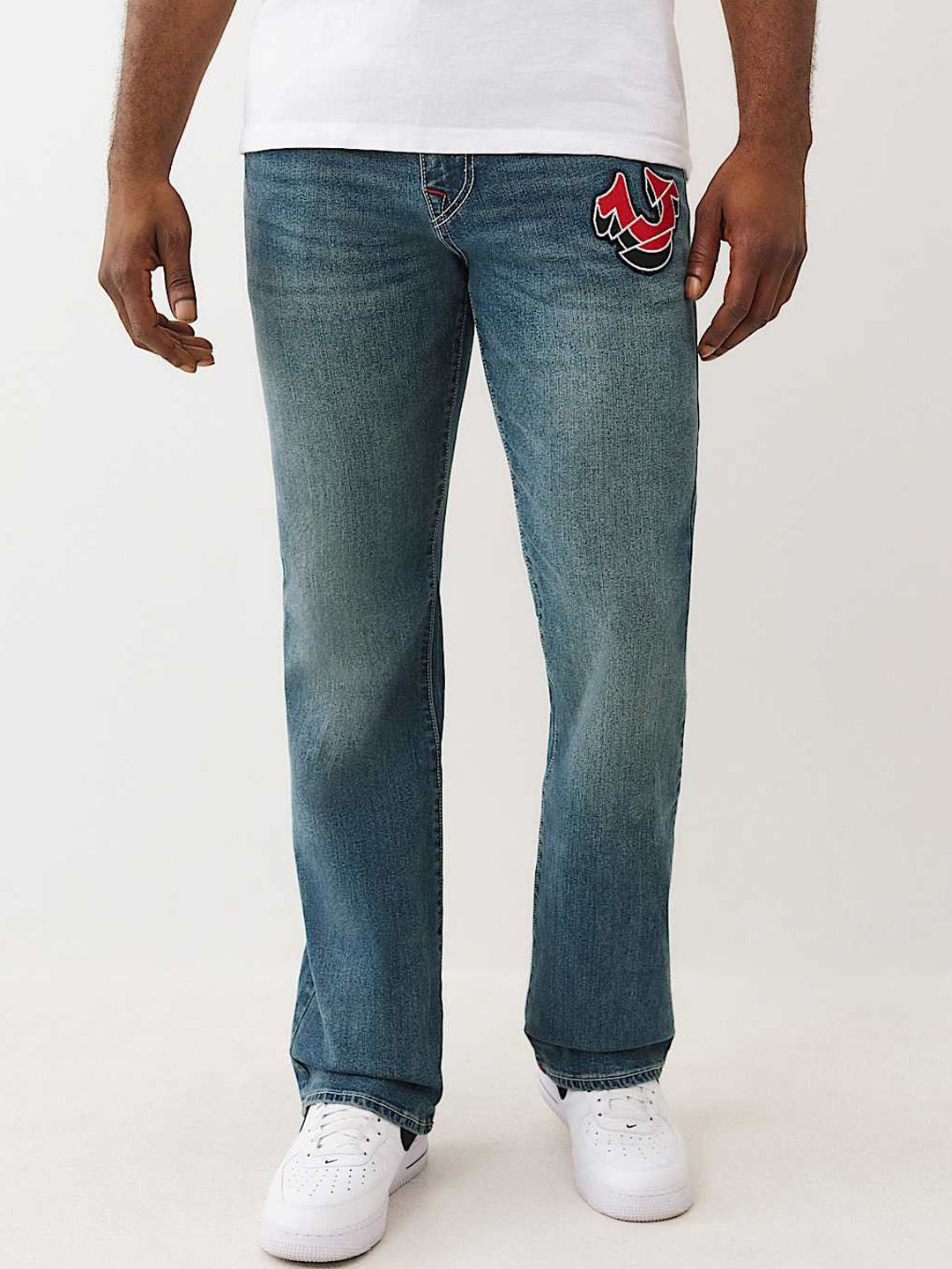 True Religion Men Bootcut Mid-Rise Patch Work Light Fade Jeans