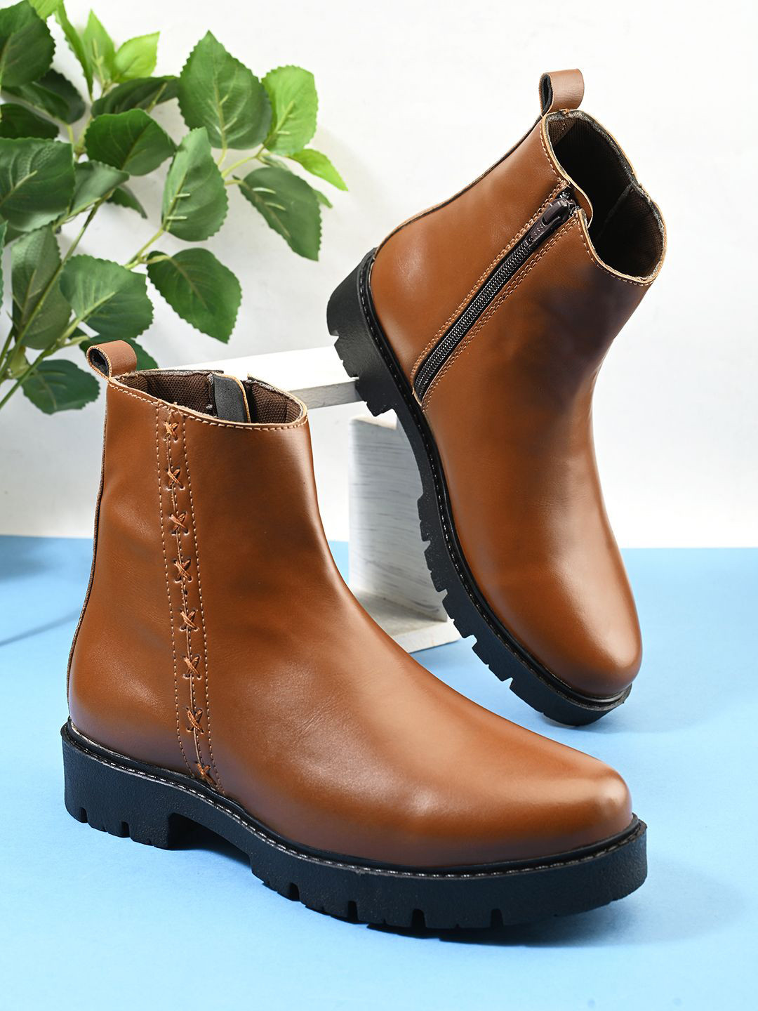 Big Fox Block Heel Mid Top Round Toe Slip-On Chelsea Boots