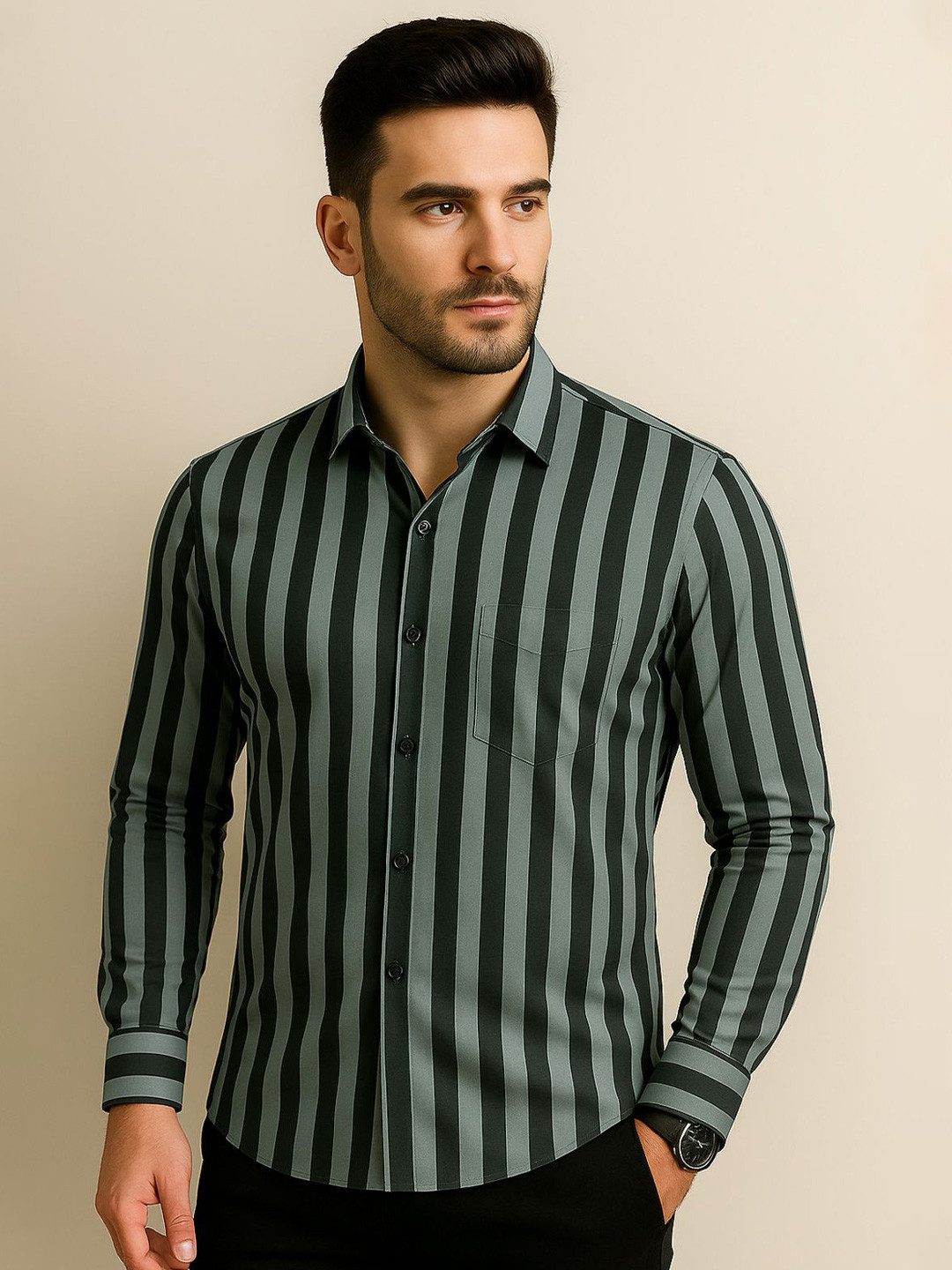 SONISHQ Men Original Fit Vertical Striped Spread Collar Cotton Casual Shirt