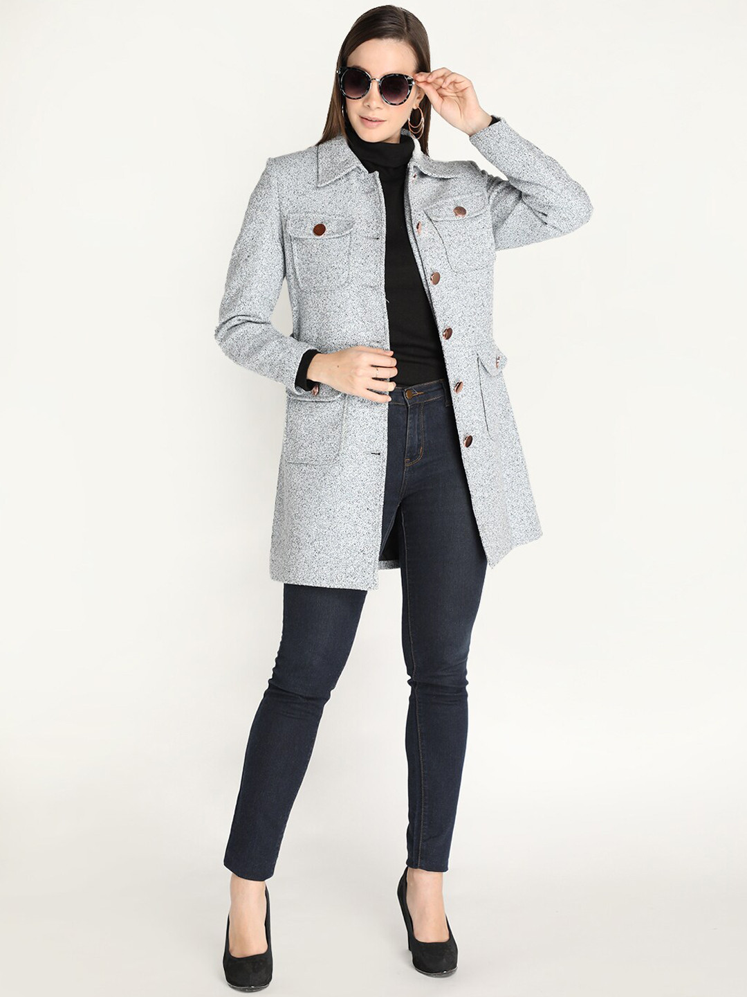 HONNETE Women Blue Self Design Coats