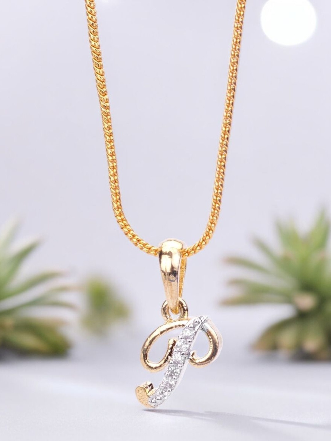 Opal Touch Gold-Plated Cubic Zirconia Studded Alphabet P Pendant With Chain