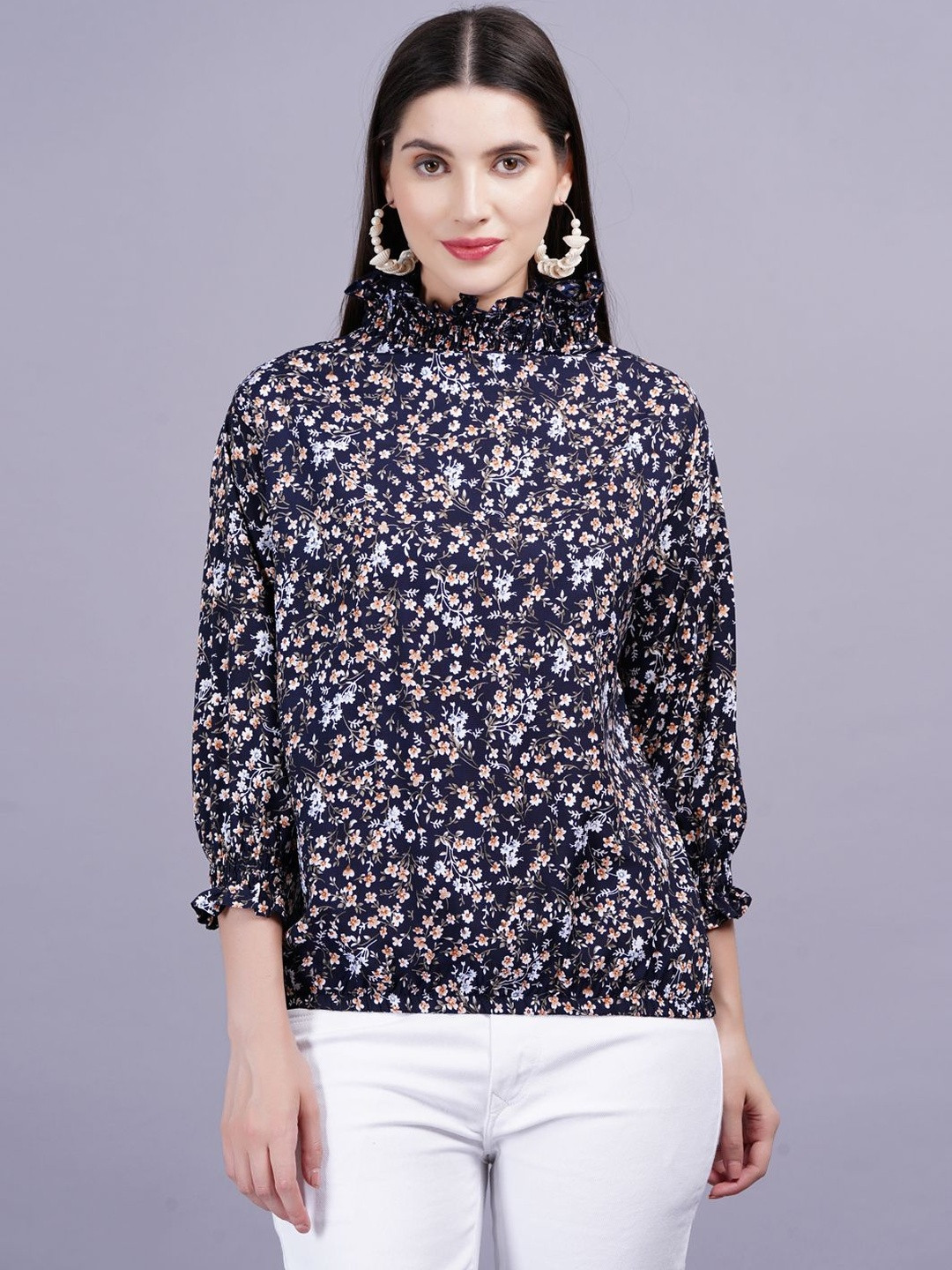 HIGHLIGHT FASHION EXPORT Floral Printed High Neck Ruffle Top