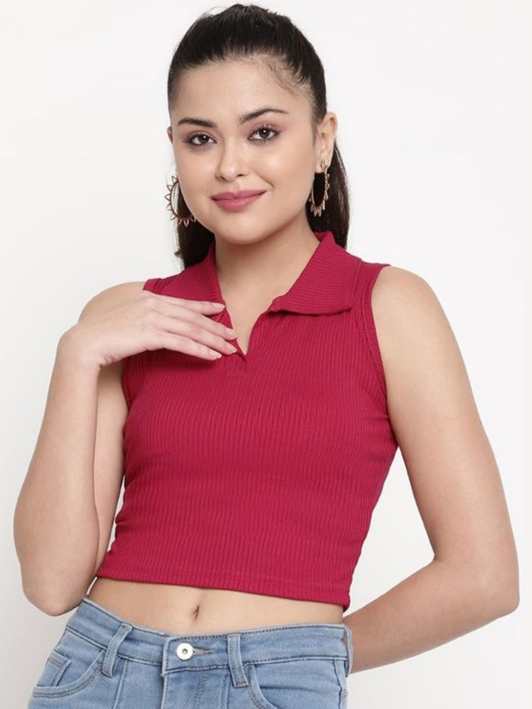ANN SPRINGS Women Solid Ribbed Shirt Collar Crop Top