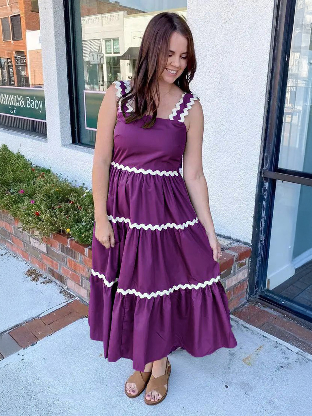 PTVIZE Solid Gathered or Pleated Square Neck Tiered Fit and Flare Midi Dress