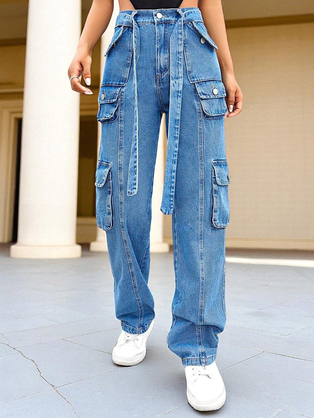 ROBECULT COLLECTION Women Comfort High-Rise Light Fade Acid Wash Stretchable Cargo Jeans