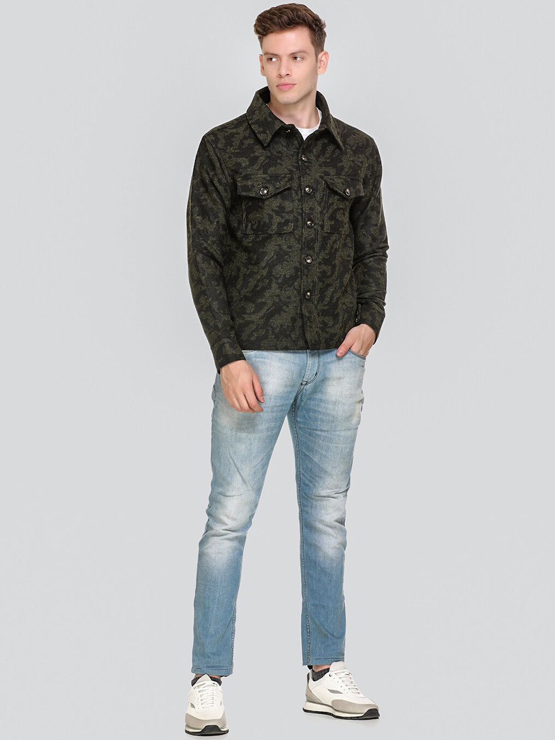 HONNETE Men Olive Green Black Camouflage Lightweight Tailored Winter Jacket