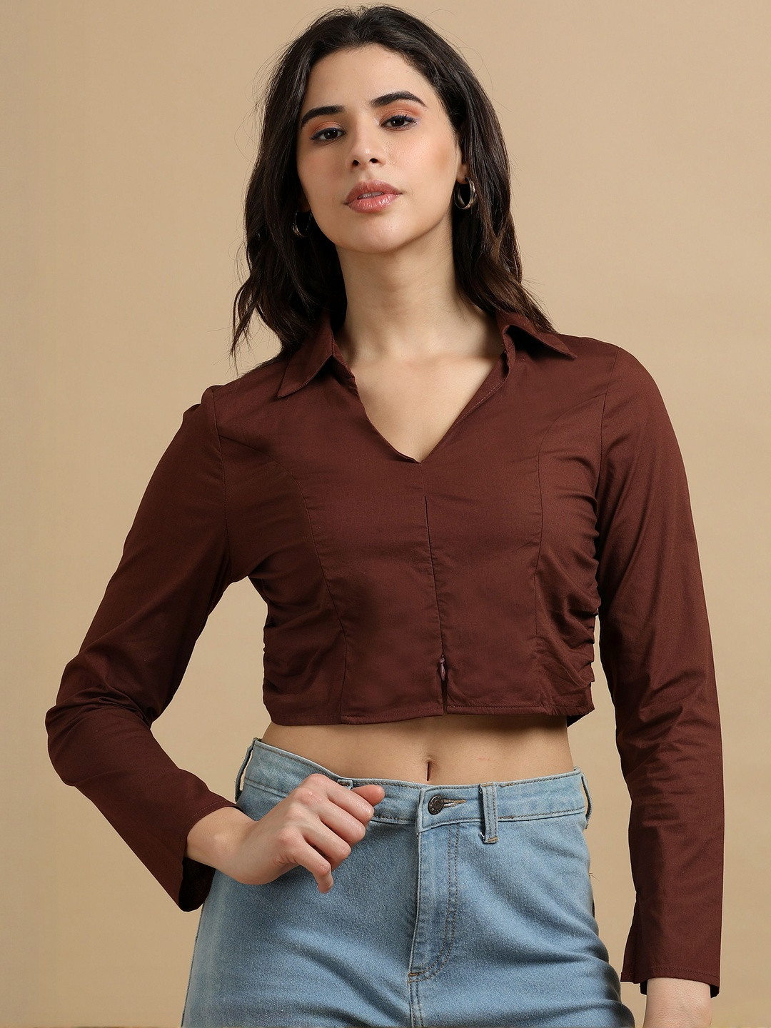 GLAM & CHIQUE Women's Cropped Fitted Shirt with Front Zip Closure