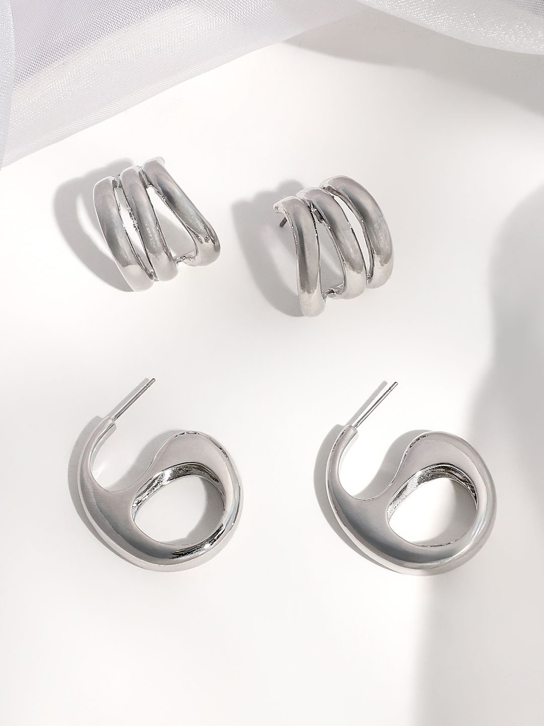 SOHI Set Of 2 Silver-Plated Industrial-Line Half Hoop Earrings