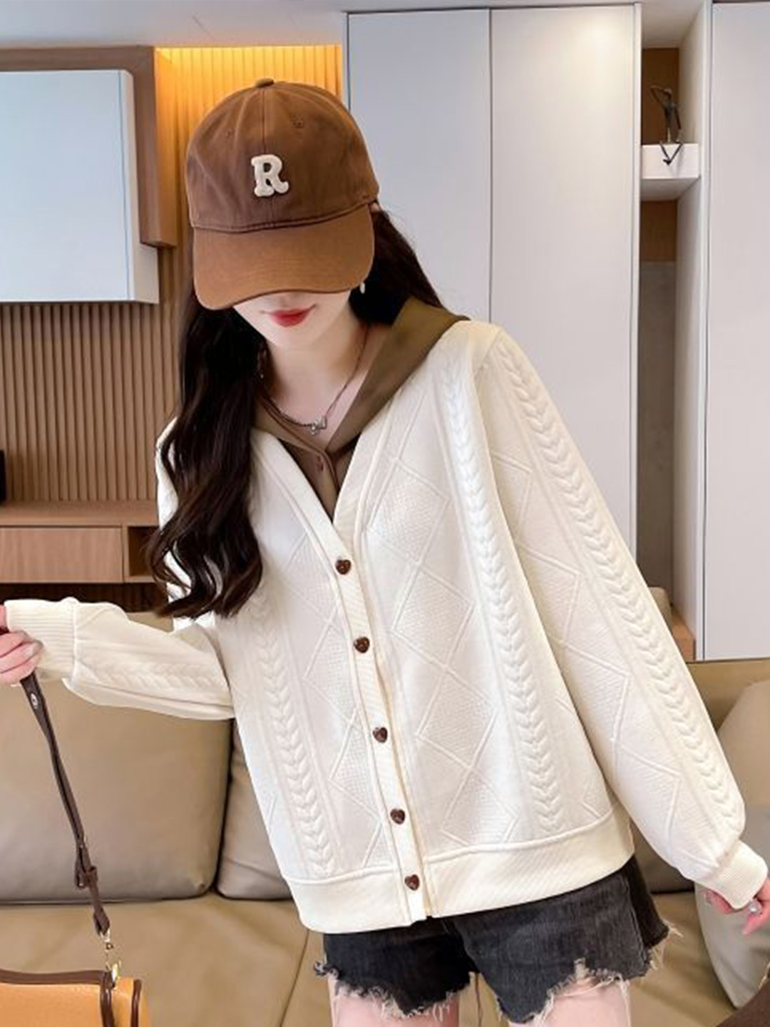 StyleCast x Revolte Women Beige Hooded Button Sweatshirt