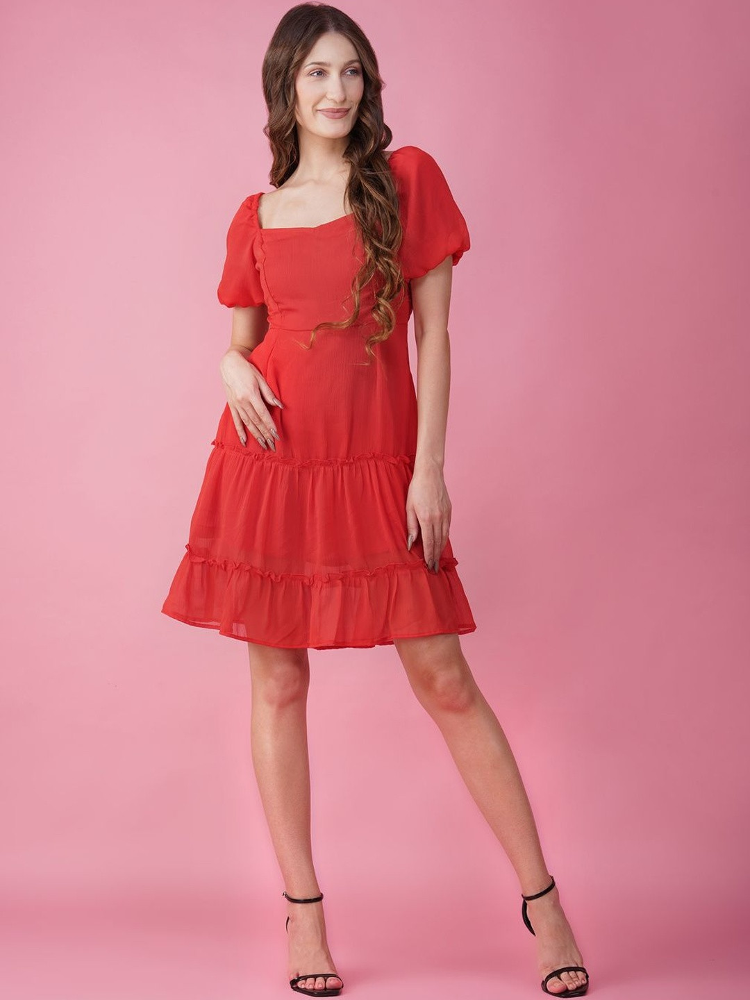 HERE&NOW Women Cut-Out Square Neck Puff Sleeve Fit & Flare Dress