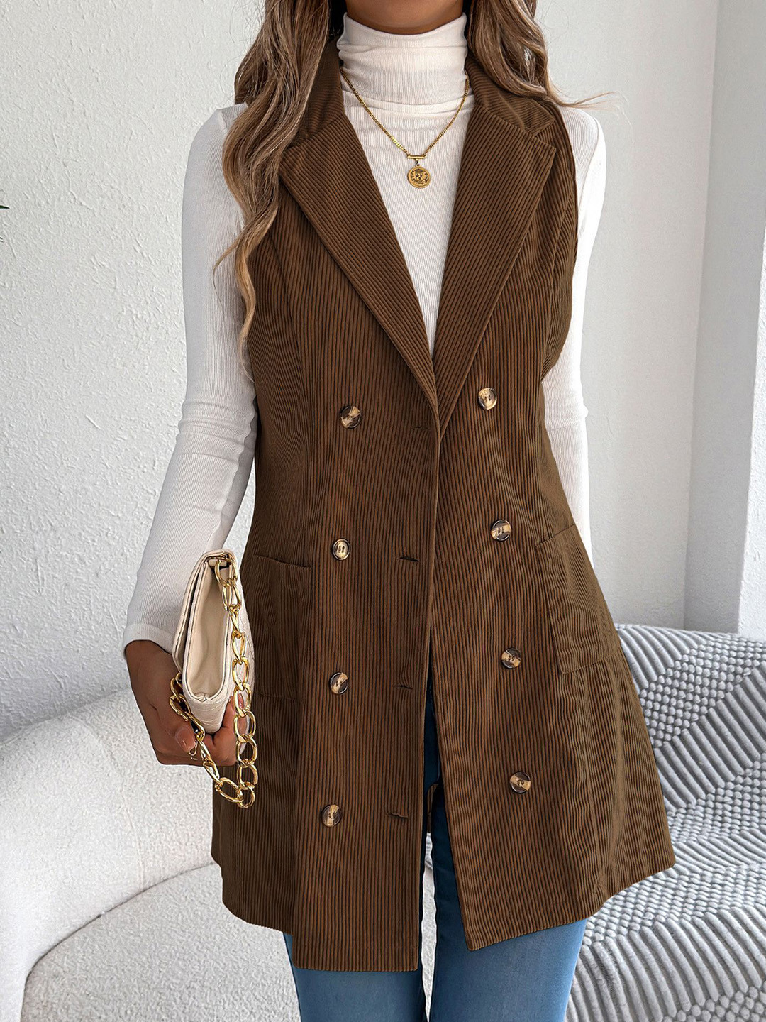 StyleCast x Revolte Women Ribbed Double-Breasted Mocha Mouse Overcoat