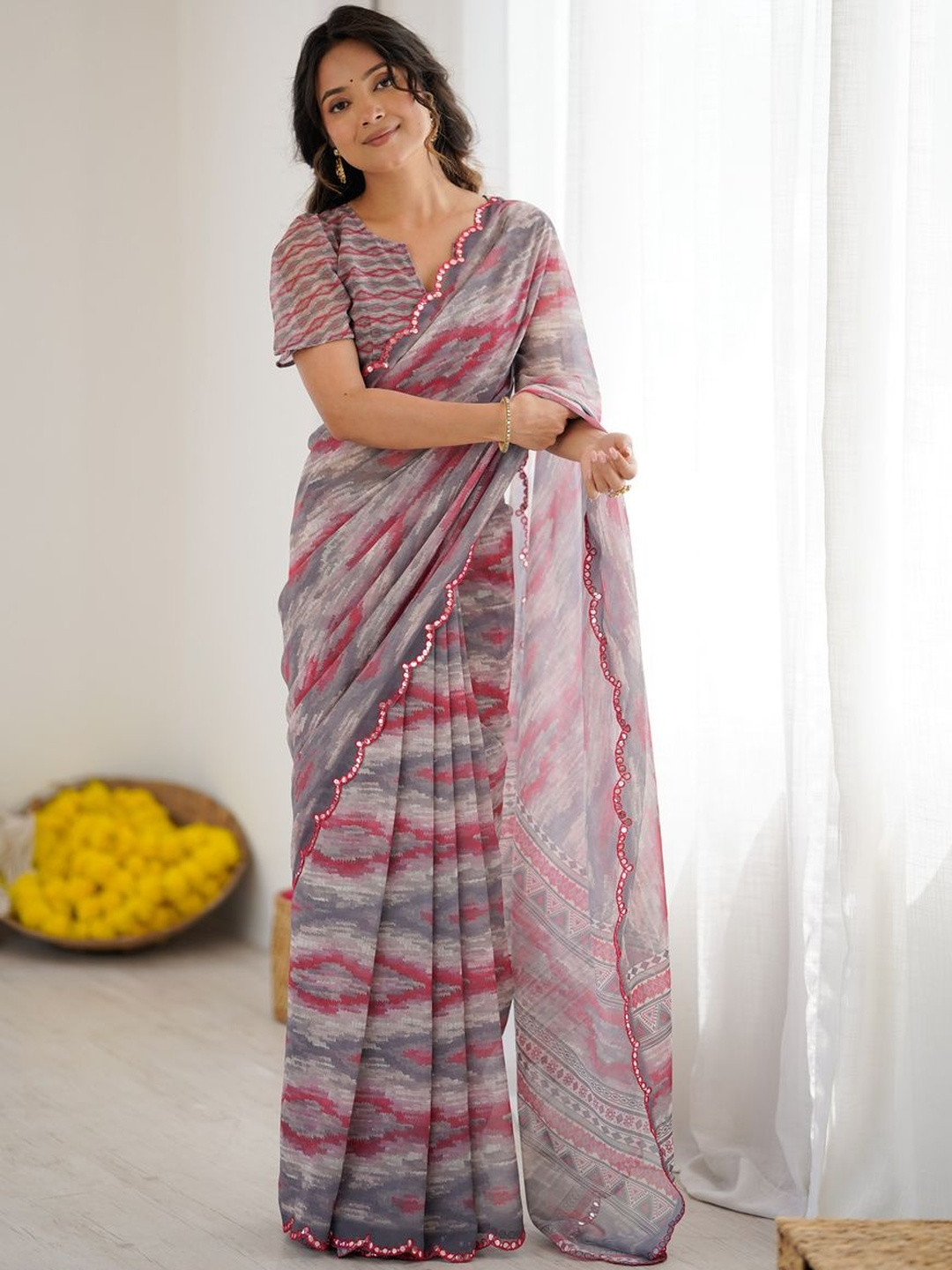 Twika Abstract Printed Scallop Border Mirror Work Saree