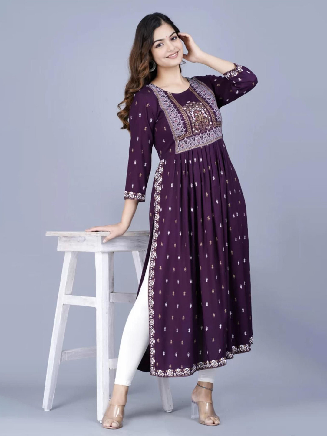 BRAHMASTRA Floral Printed Pleated Round Neck A-Line Kurta