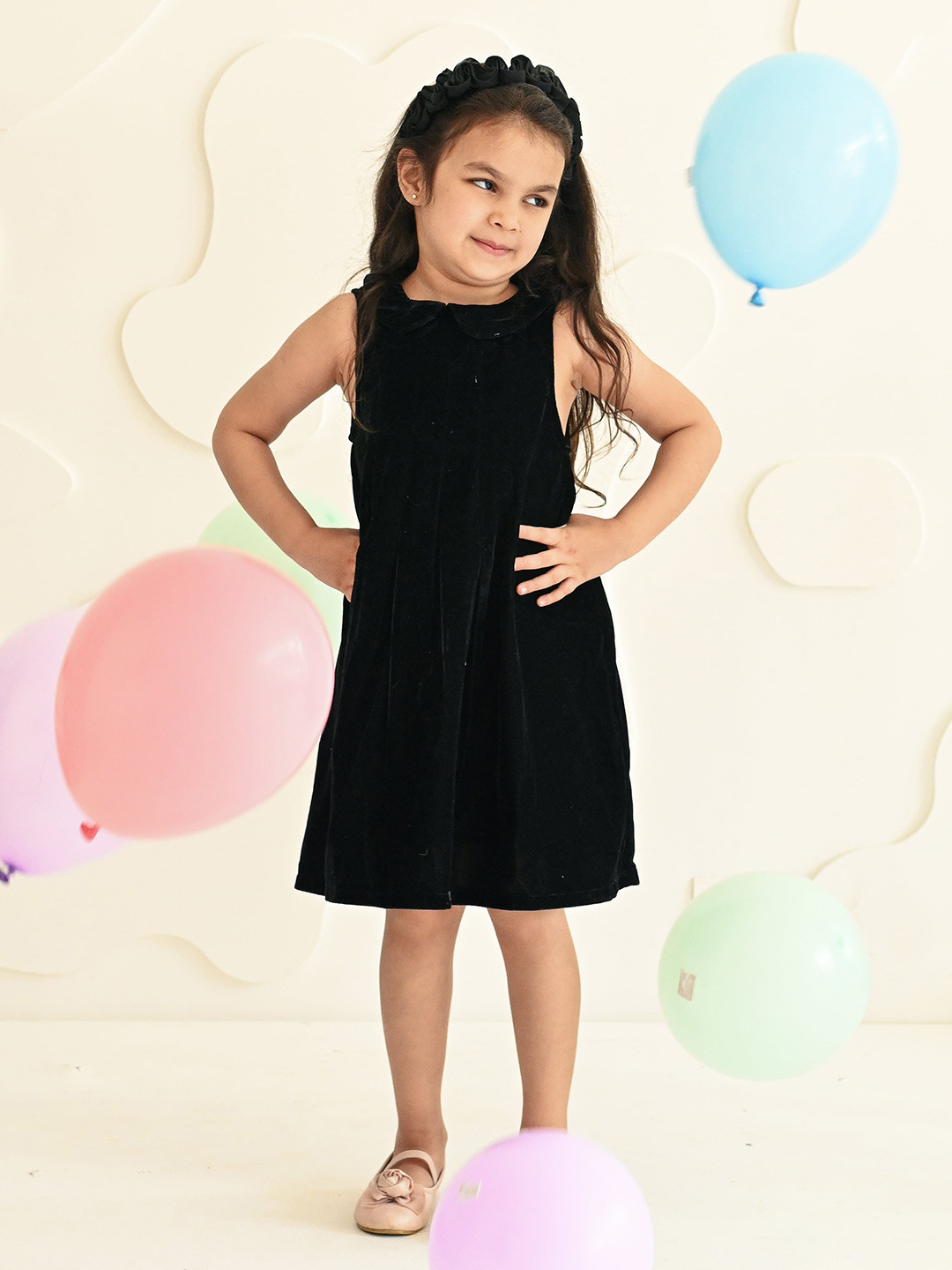 Puddle Fashion Girls Round Neck Velvet A-Line Dress