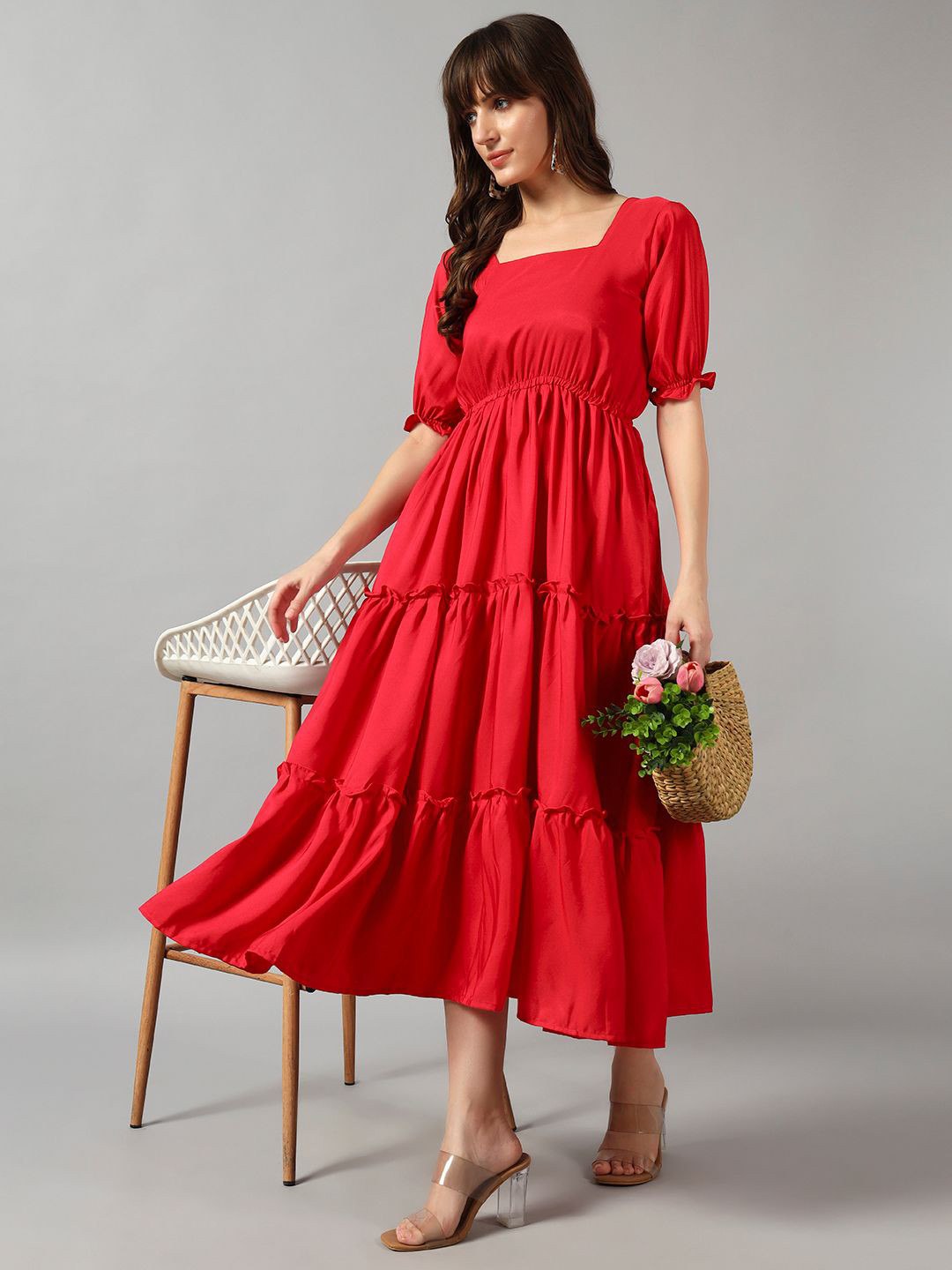 Femvy Square Neck Gathered Or Pleated Casual Fit & Flare Midi Dress