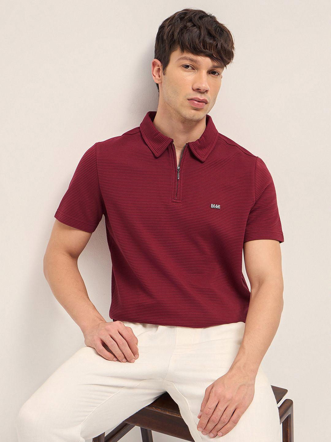 THE BEAR HOUSE Knitted Striped Polo Collar T-Shirt