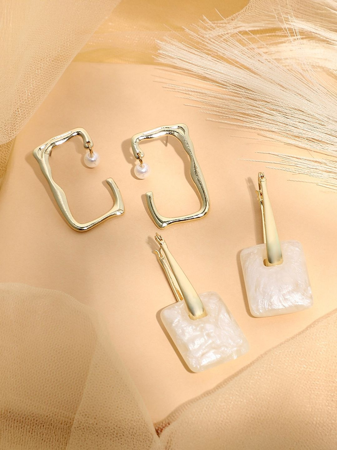 SOHI Pack Of 2 Gold-Plated Geometric Shaped Pearl Studded Drop Earrings