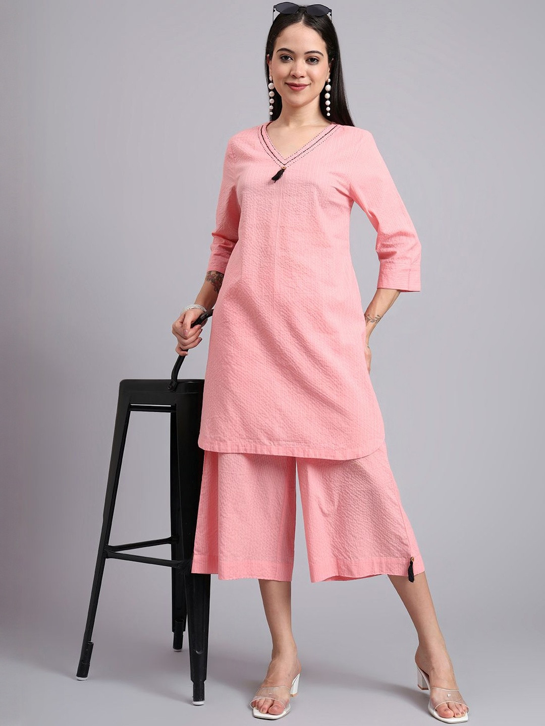 HERE&NOW Striped Embroidered V-Neck Pure Cotton Tunic With Capri