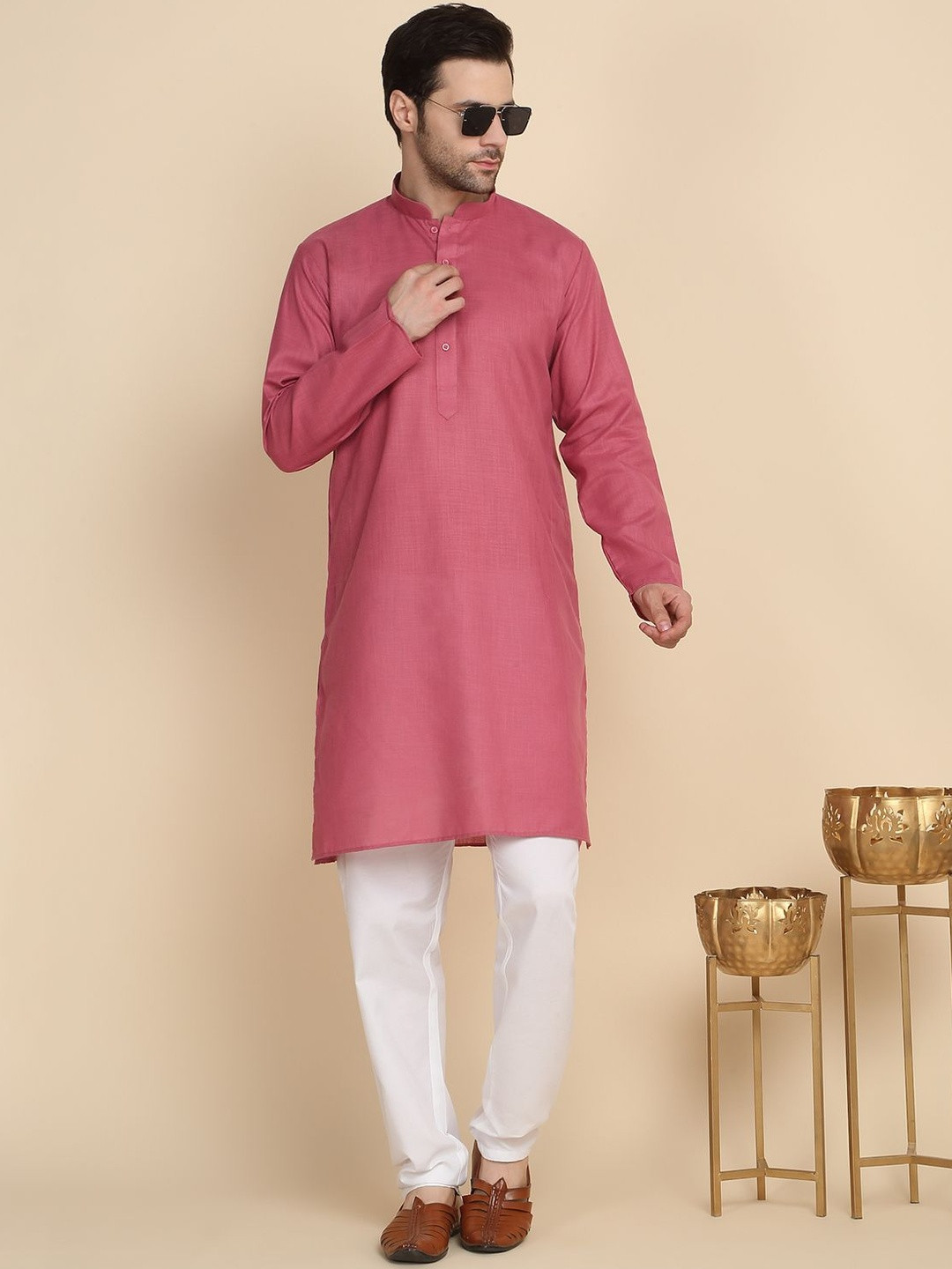 KRAFT INDIA Men Textured Band Collar Regular Kurta with Pyjamas
