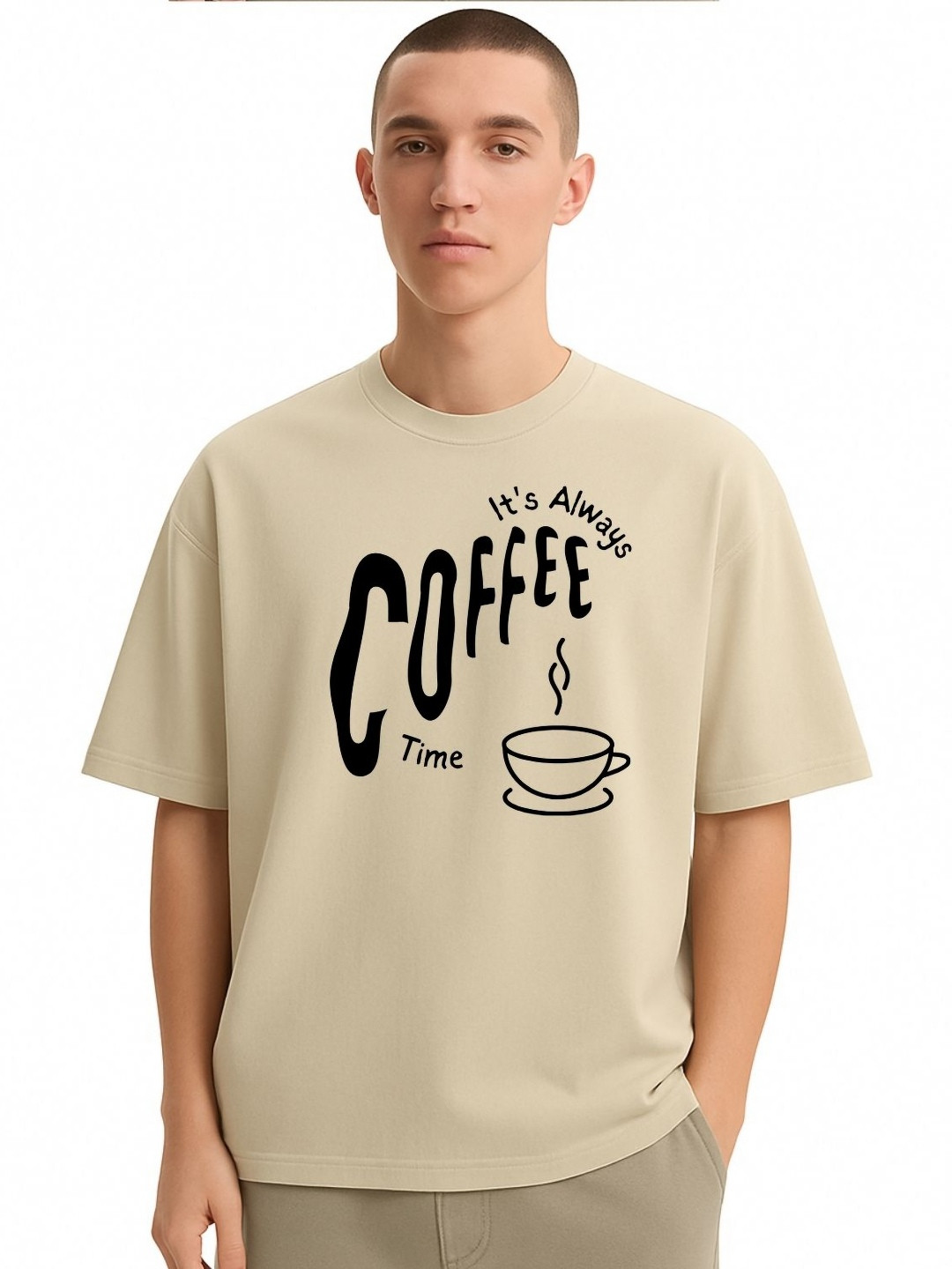Fashnobic Men Dri-FIT Trendy Its Coffee Time Printed Round Neck Cotton Oversized T-shirt