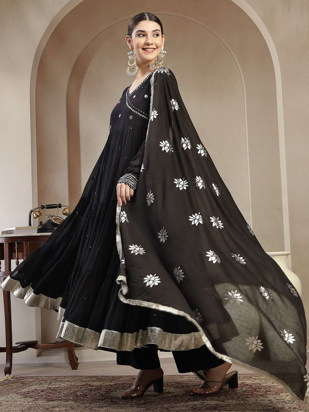 Anouk Mirage  Women Ethnic Motifs Embroidered Tiered Mirror Work Pure Cotton Kurta with Palazzos & With Dupatta