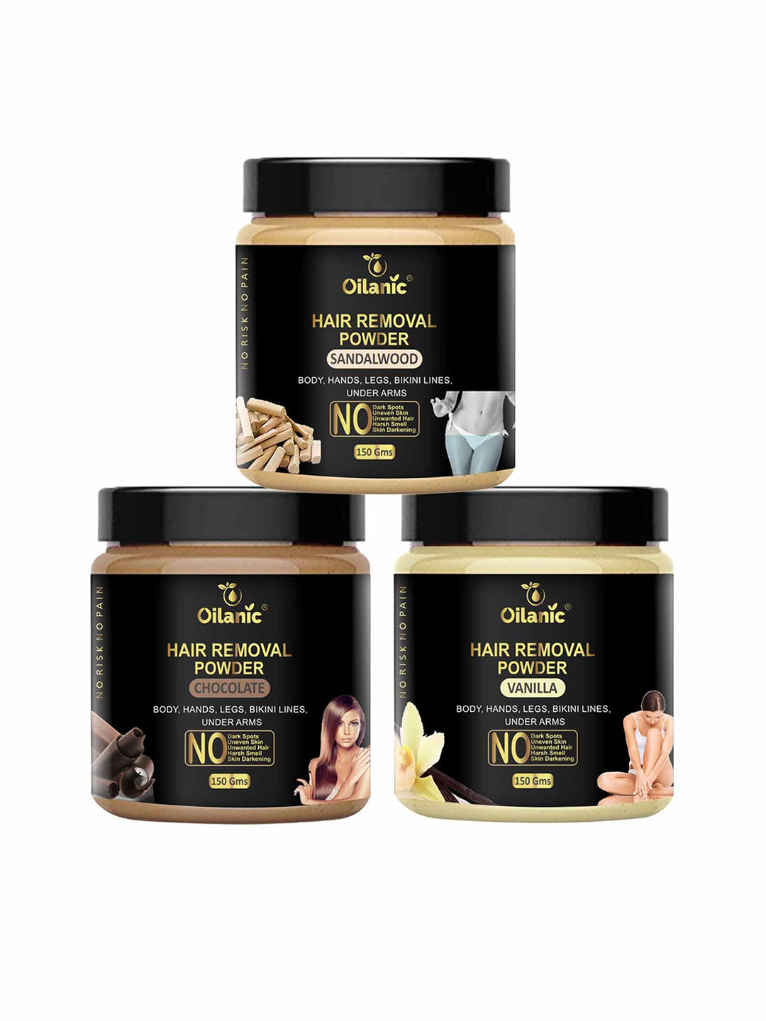 Oilanic Set Of 3 Natural Chocolate, Sandalwood & Vani Hair Removal Wax Powder - 150 g Each