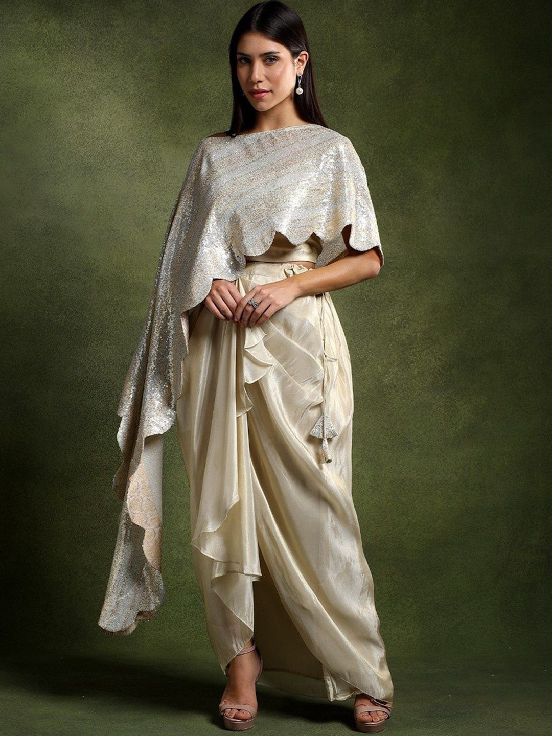 QAIYNAT Women Embellished Pure Silk Draped Skirt with Sequenced Scalloped Top Co-Ords