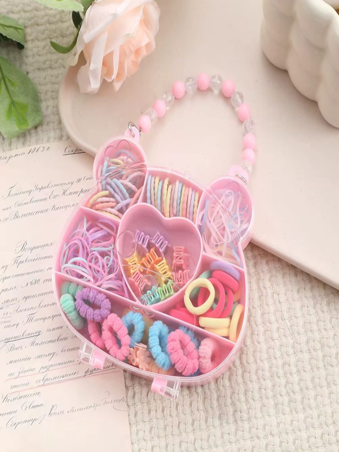 alamodey Girls Cute Storage Box with Clips & Rubber Bands