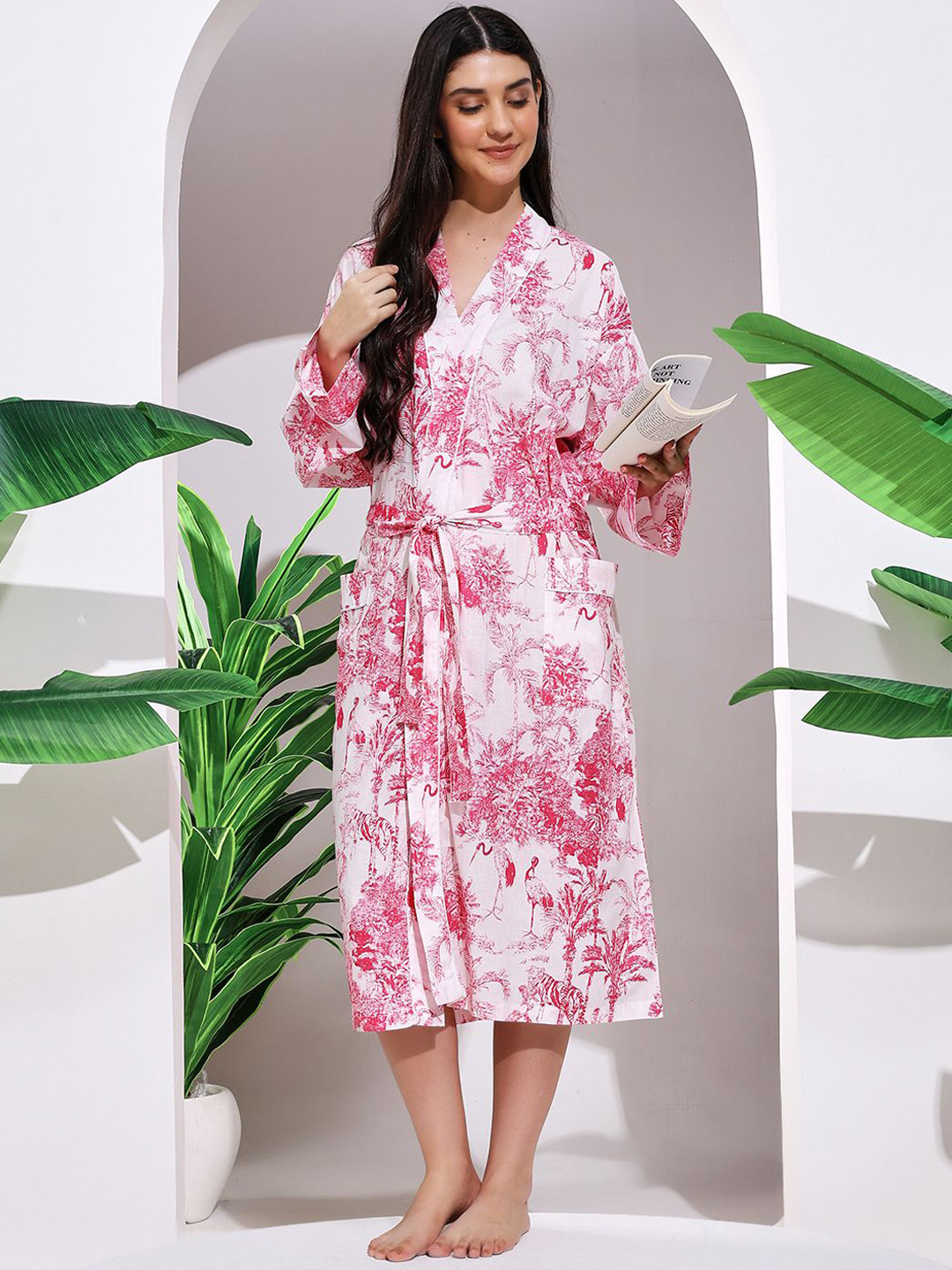 HANDICRAFT PALACE Floral Printed Pure Cotton Robe With Belt
