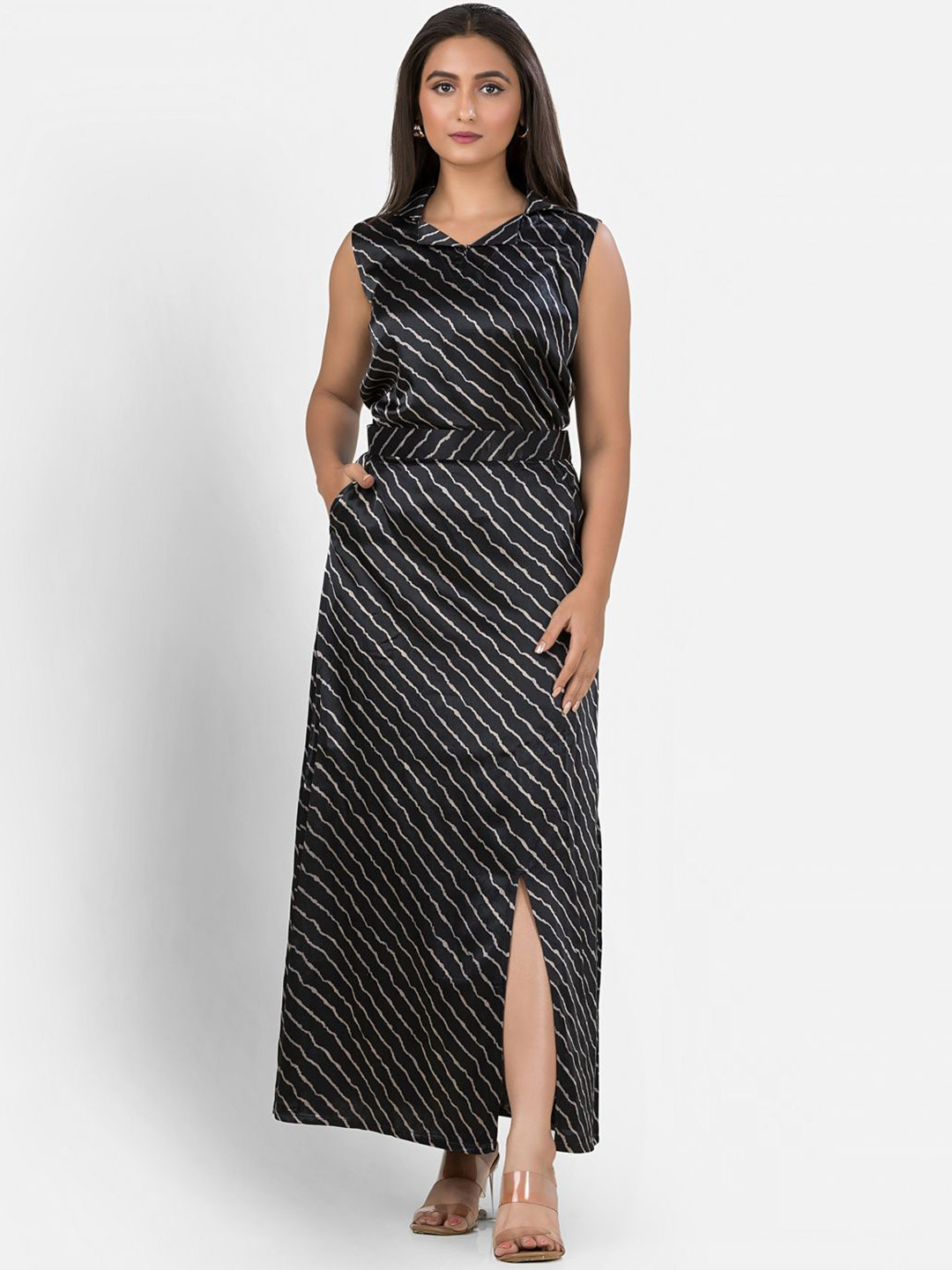 Crazy Needle Striped Sleeveless Top With Skirt