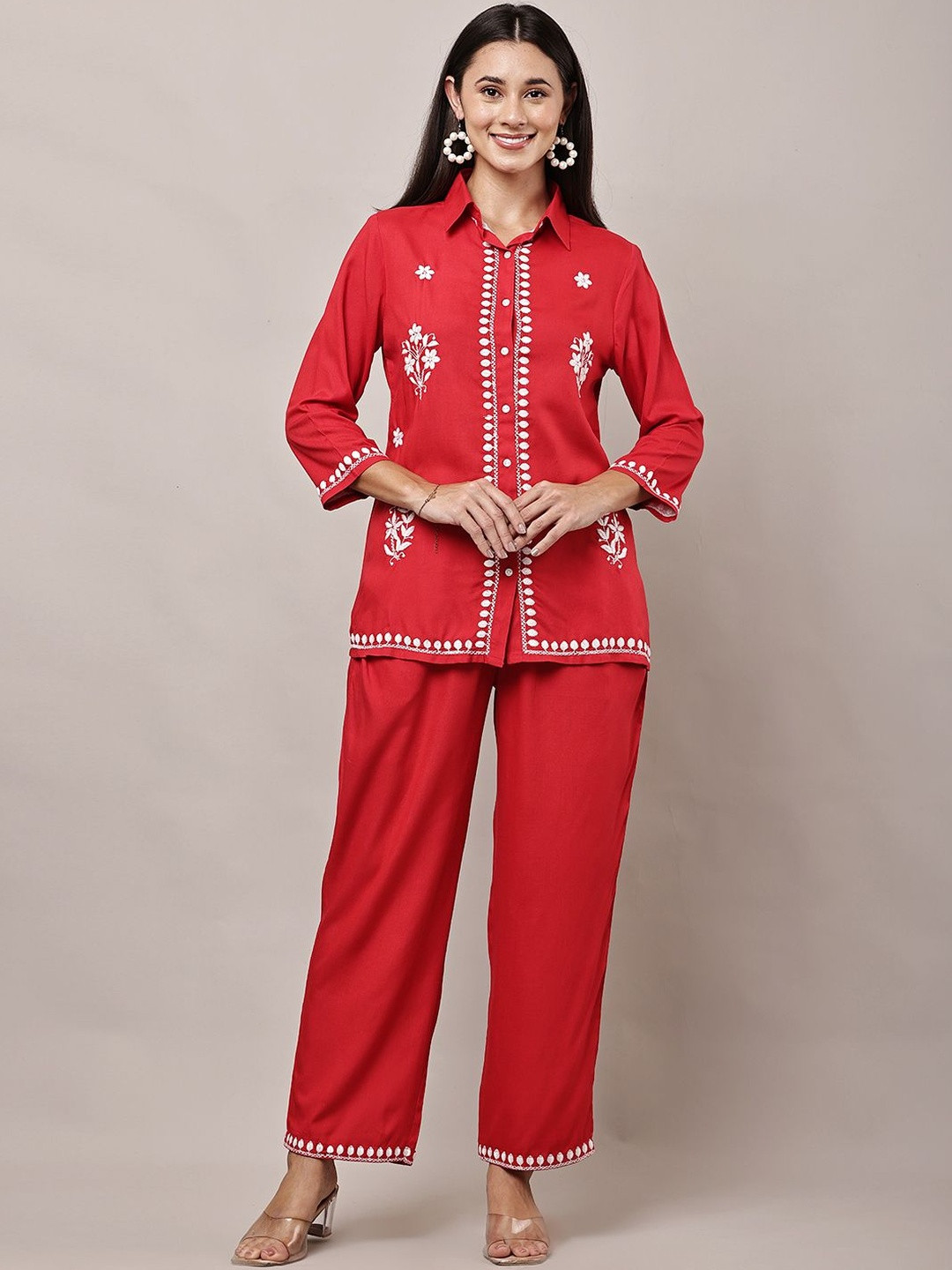HERE&NOW Women Red Viscose Rayon Embroidered Co-Ords