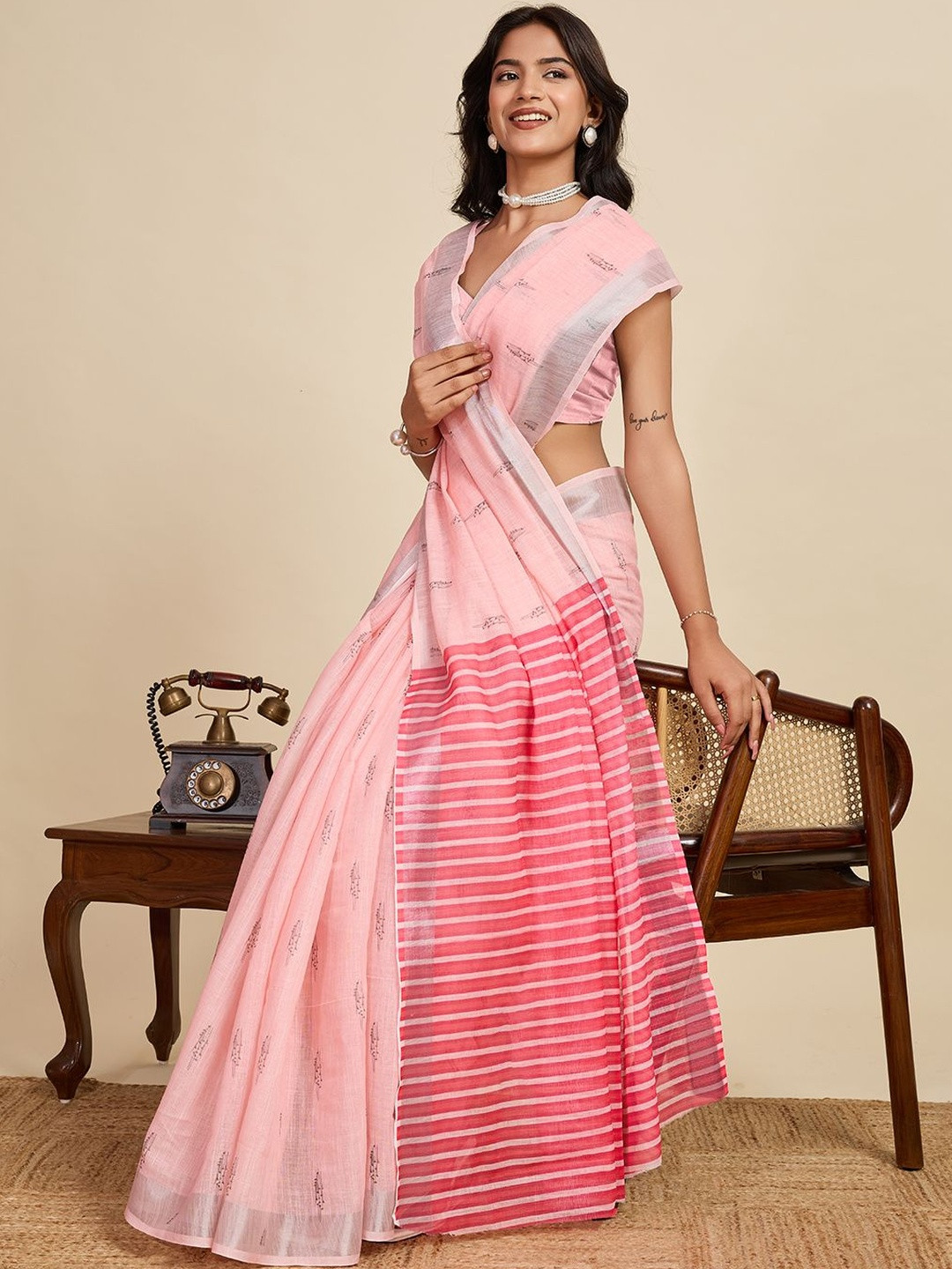 Durga Textile Striped Zari Pure Linen Handloom Saree