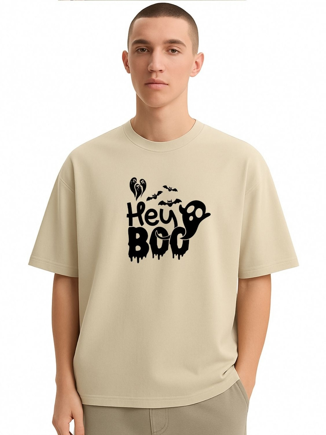 Fashnobic Men Dri-FIT Trendy Hey Boooo Printed Round Neck Cotton Oversized T-shirt