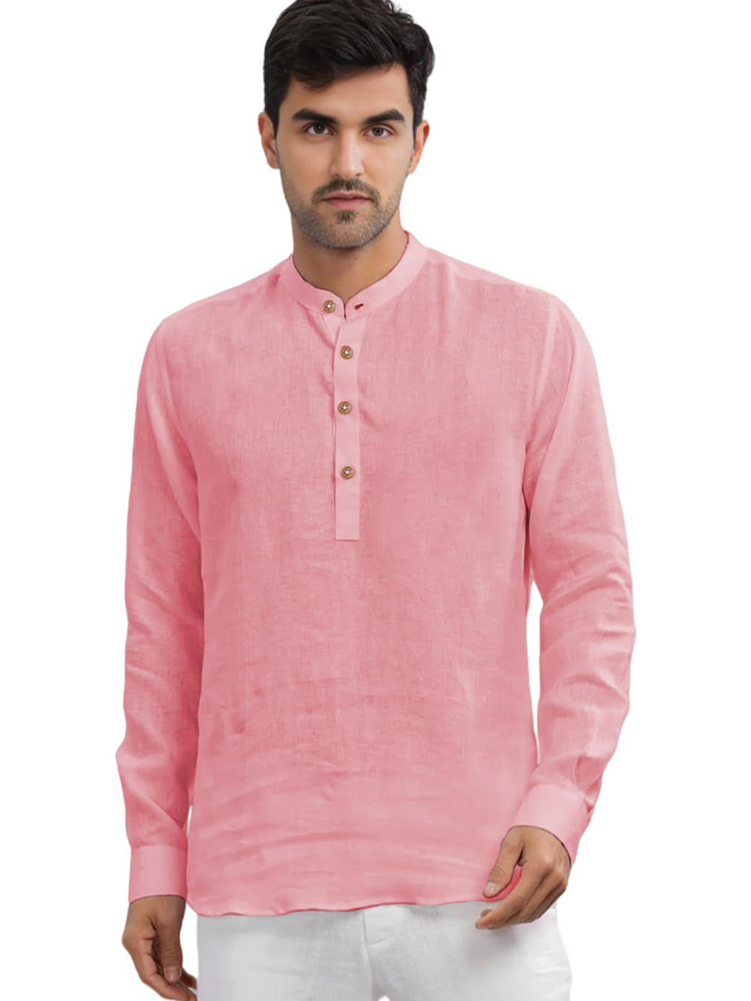 Go Stylish Men Mandarin Collar Long Sleeves Regular Above Knee Cotton Straight Kurta