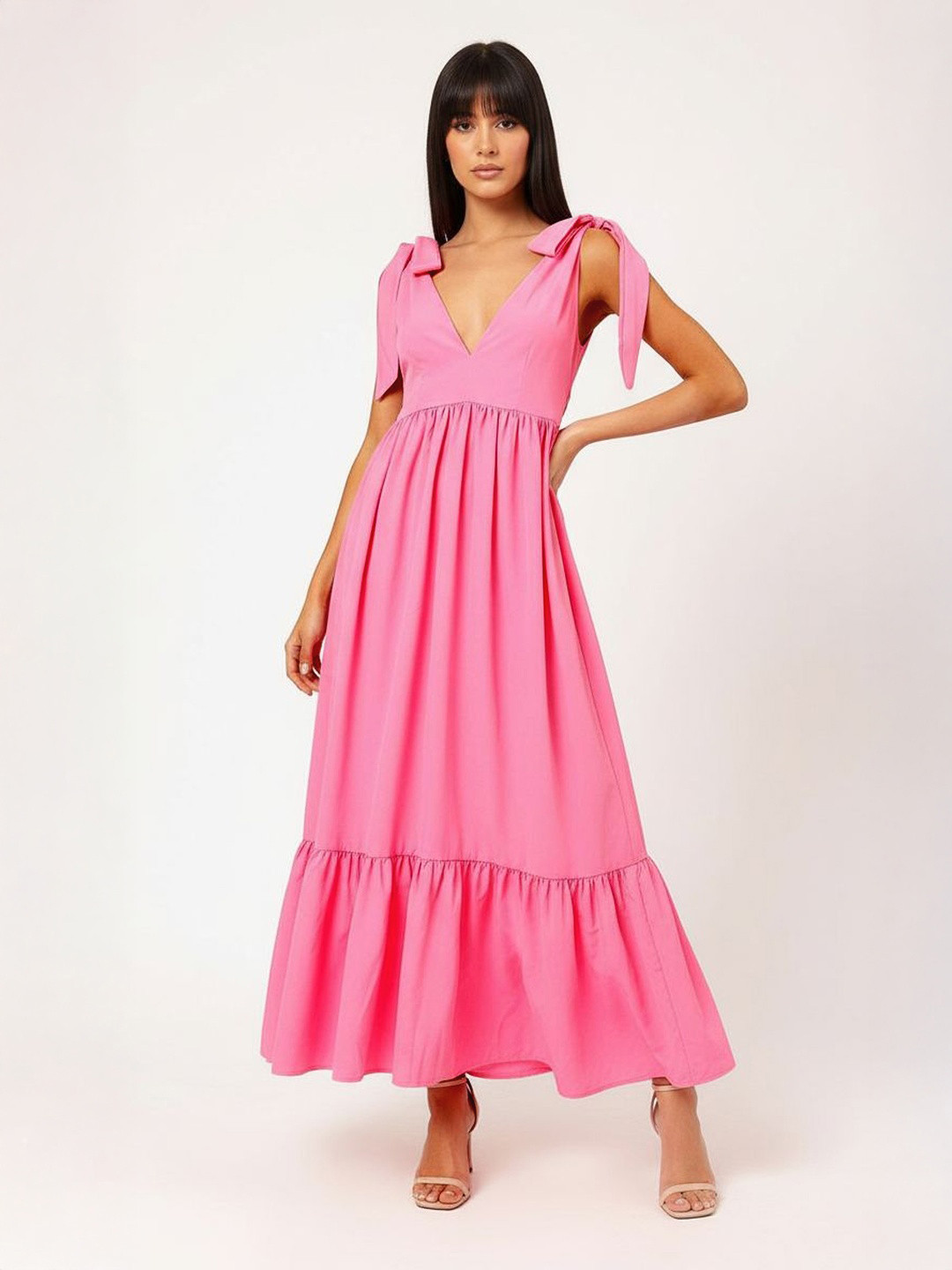 DressBerry Bubblegum Pop Tie-Up Detail Tiered Maxi Dress