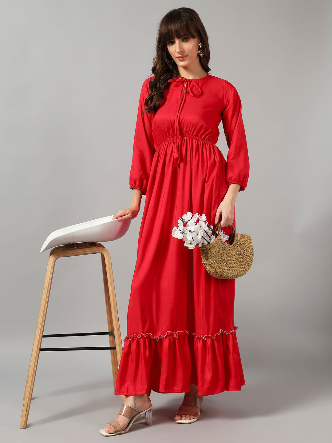Femvy Women Tiered Solid Tie-Up Neck Casual Dress