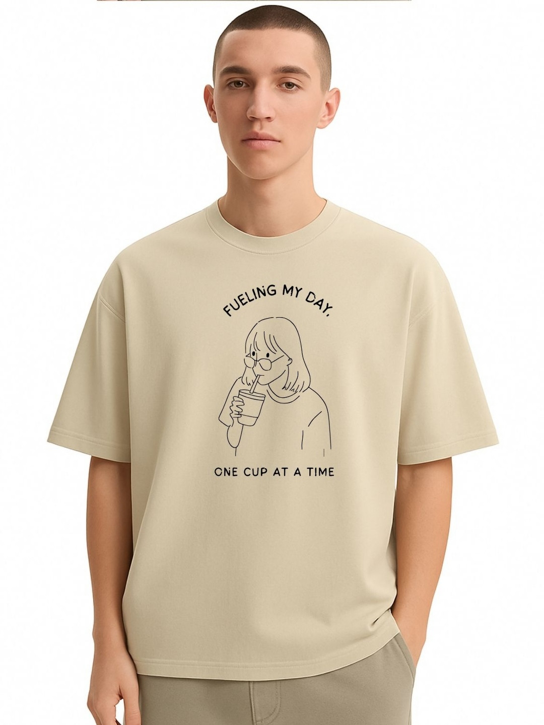 Fashnobic Men Dri-FIT Trendy Fueling My Day Printed Round Neck Cotton Oversized T-shirt