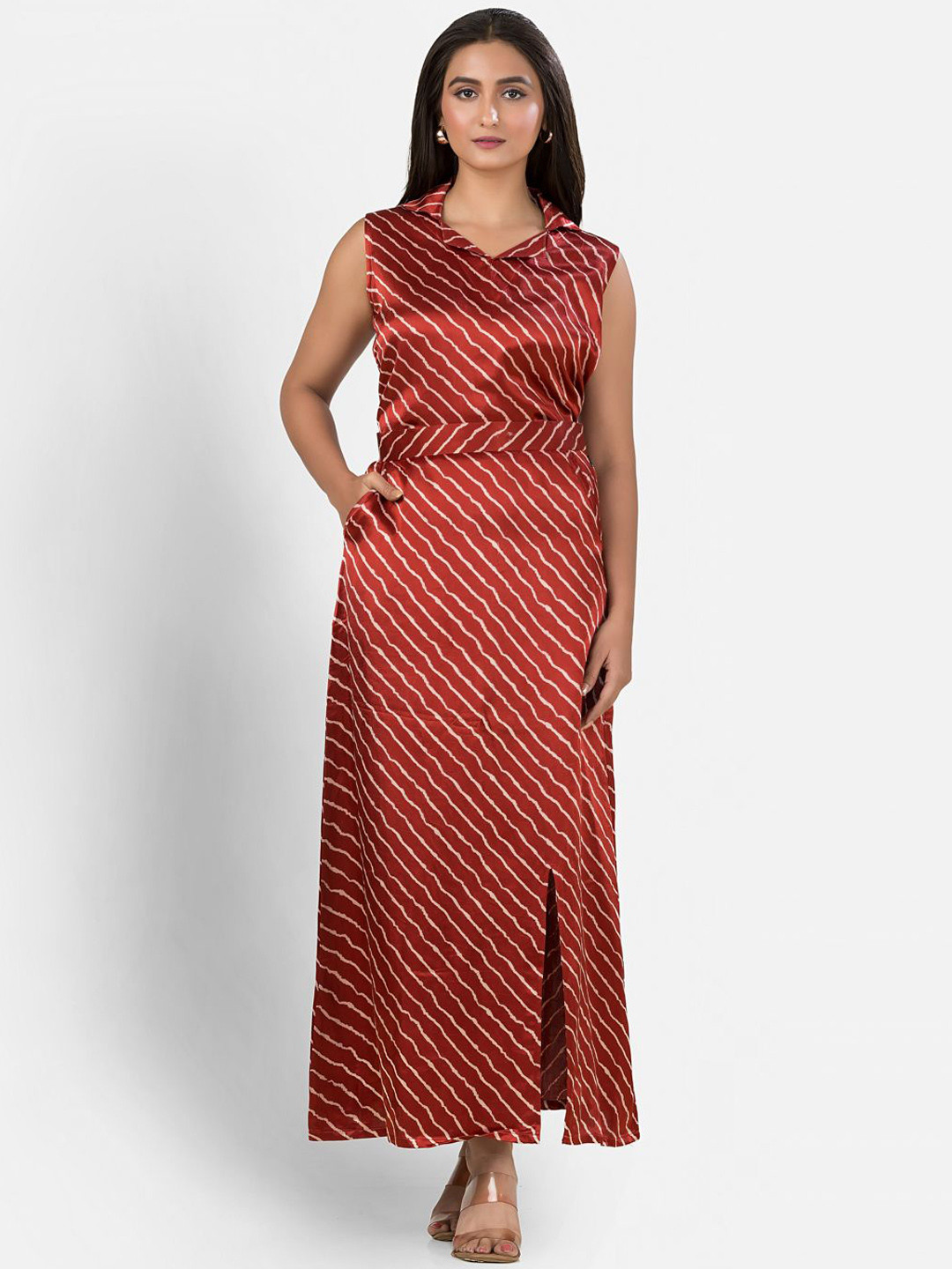 Crazy Needle Shirt Collar Striped Sleeveless Pure Silk Top With Skirt