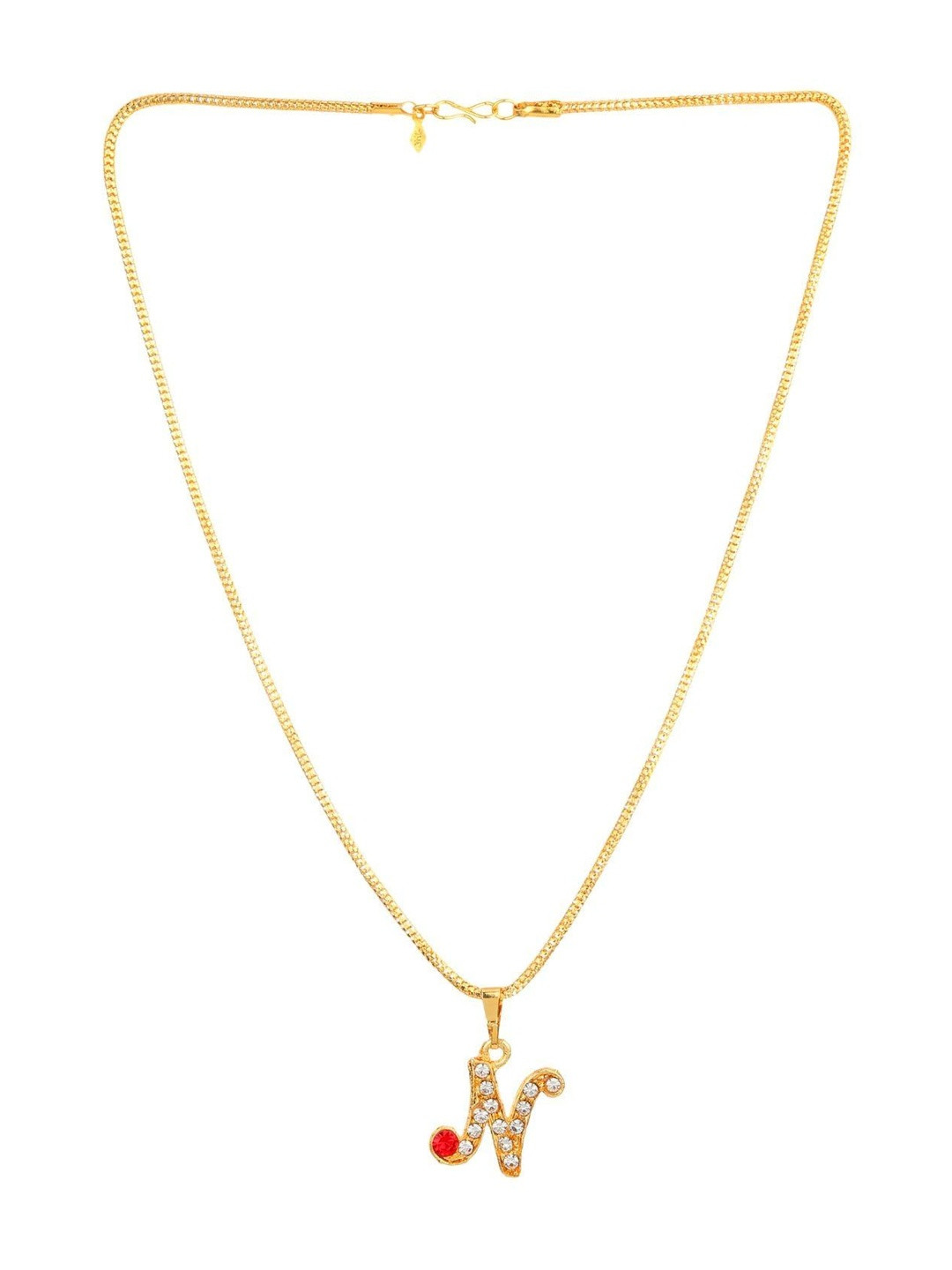 Cyan spritual Unisex Stainless Steel Crystals Studded N Alphabet Shaped Pendant With Chain