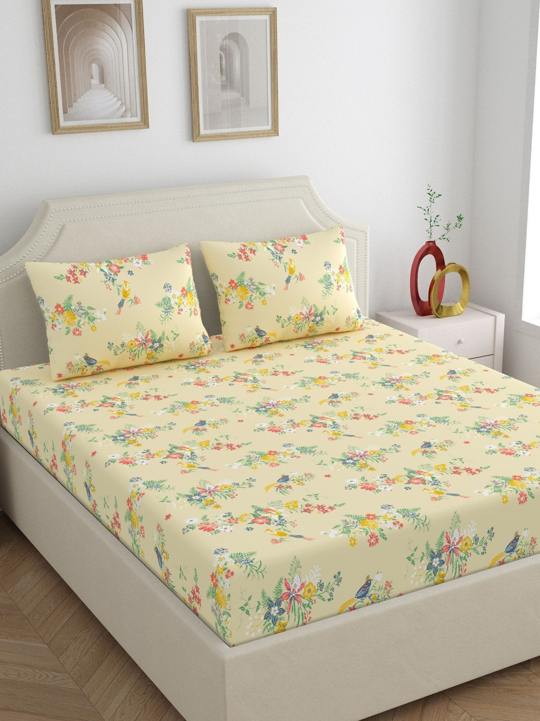 Home Ecstasy Beige & Green Floral Pure Cotton 140TC Double Queen Bedsheet Set-2.20mX2.39m