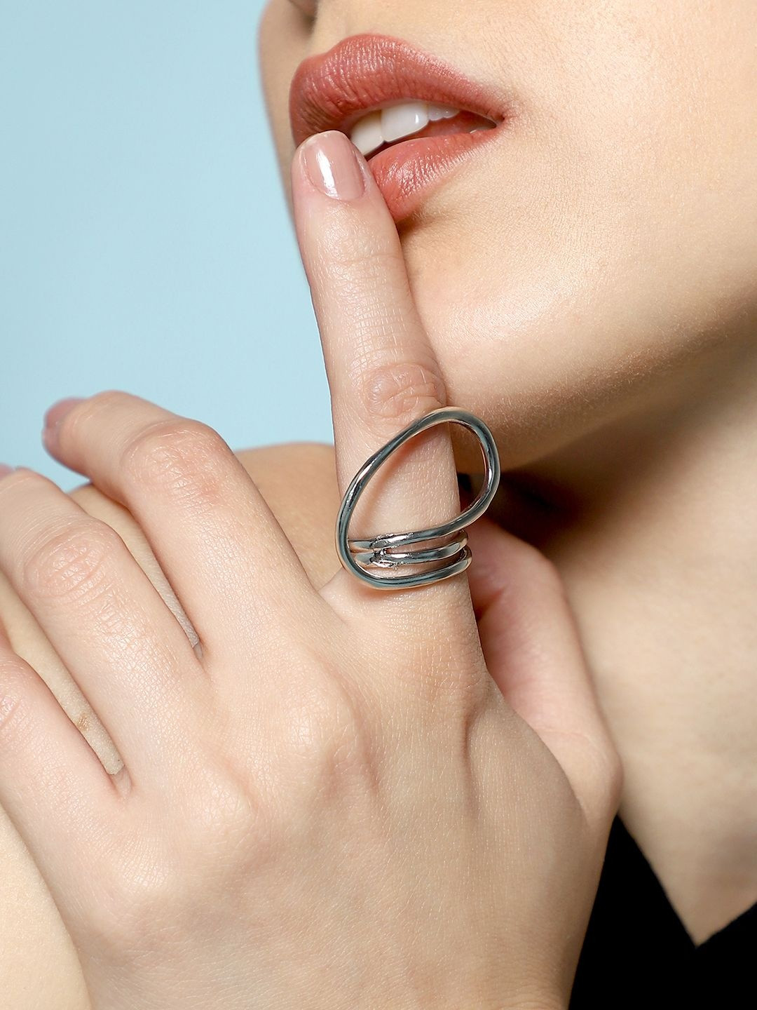 SOHI Set Of 2 Silver-Plated Alloy Metallic Statement Ring - Chrome Silver Finger Rings