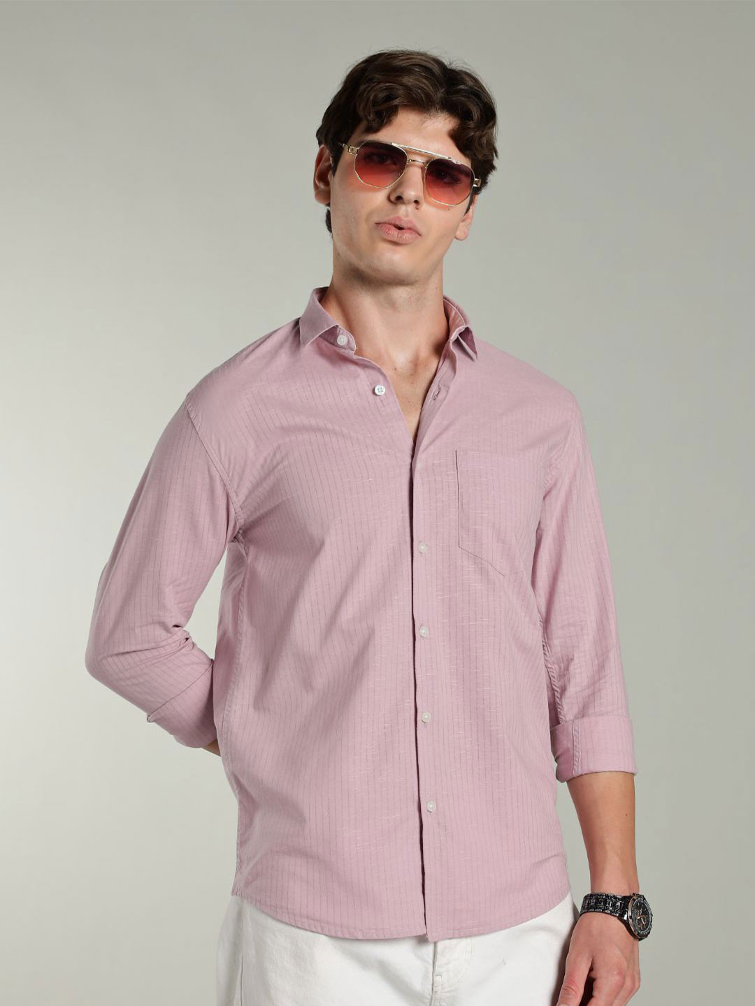 PAUL STREET Men Standard Slim Fit Vertical Striped Spread Collar Casual Shirt