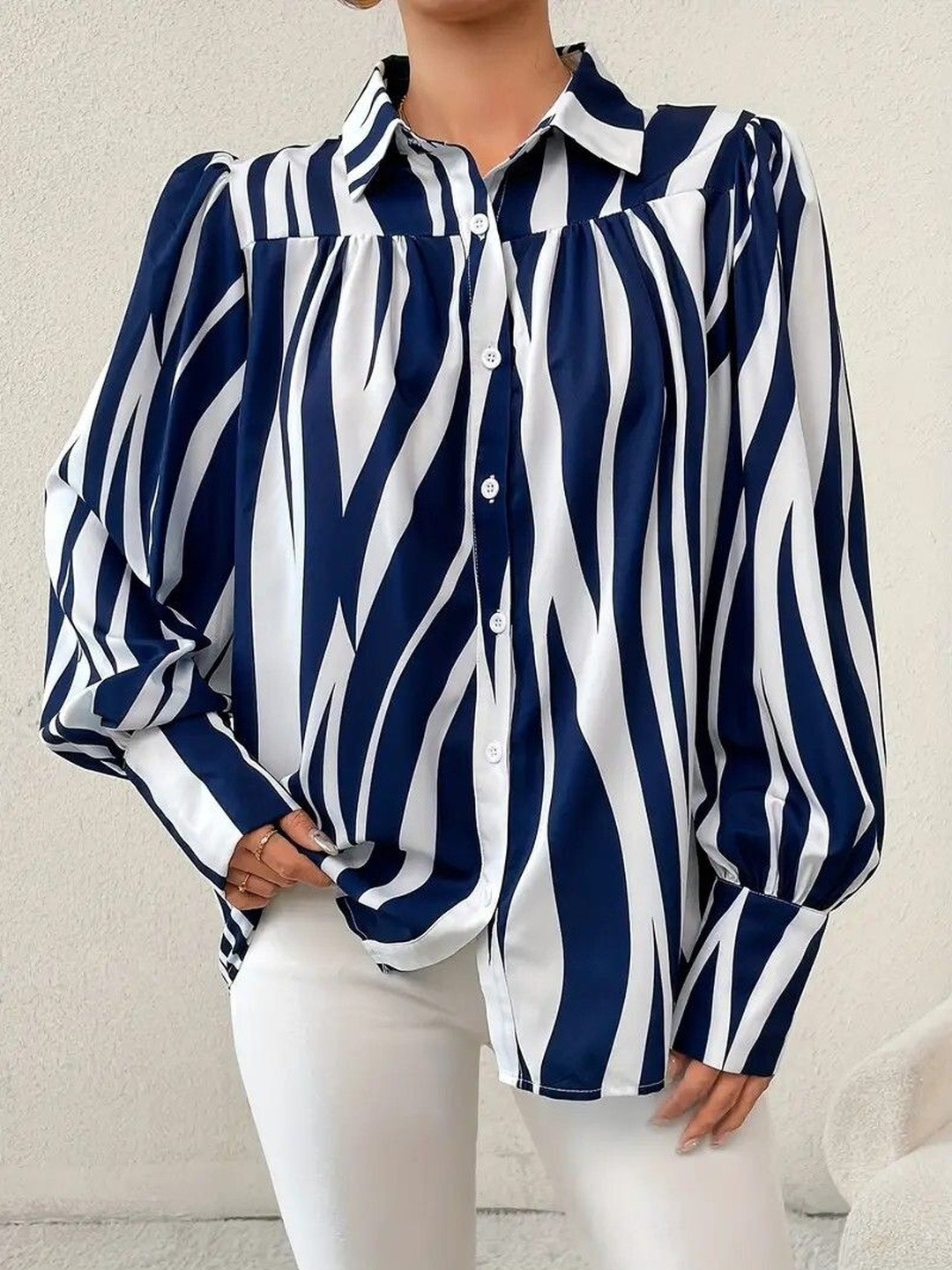 M&H Easy Women Shirt Collar Abstract Print Cotton Shirt Style Top